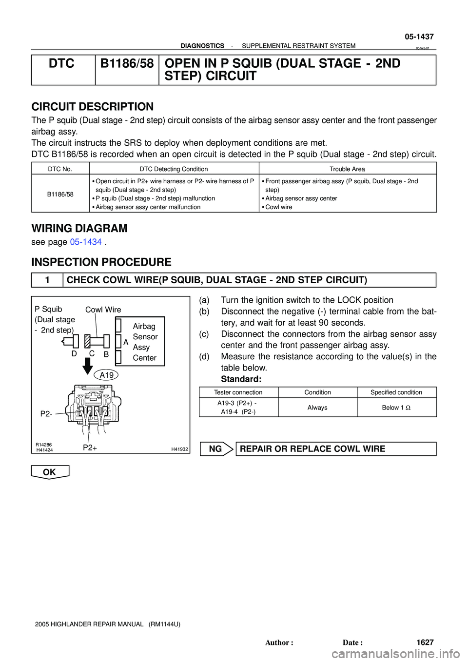TOYOTA HIGHLANDER 2001 Service Repair Manual R14286H41424H41932
P Squib
(Dual stage
- 2nd step)Airbag
Sensor
Assy
Center
P2+ P2-Cowl Wire
A
B C
D
A19
- DIAGNOSTICSSUPPLEMENTAL RESTRAINT SYSTEM
05-1437
1627 Author: Date:
2005 HIGHLANDER REP TOYOTA HIGHLANDER 2001 Service Repair Manual R14286H41424H41932
P Squib
(Dual stage
- 2nd step)Airbag
Sensor
Assy
Center
P2+ P2-Cowl Wire
A
B C
D
A19
- DIAGNOSTICSSUPPLEMENTAL RESTRAINT SYSTEM
05-1437
1627 Author: Date:
2005 HIGHLANDER REP