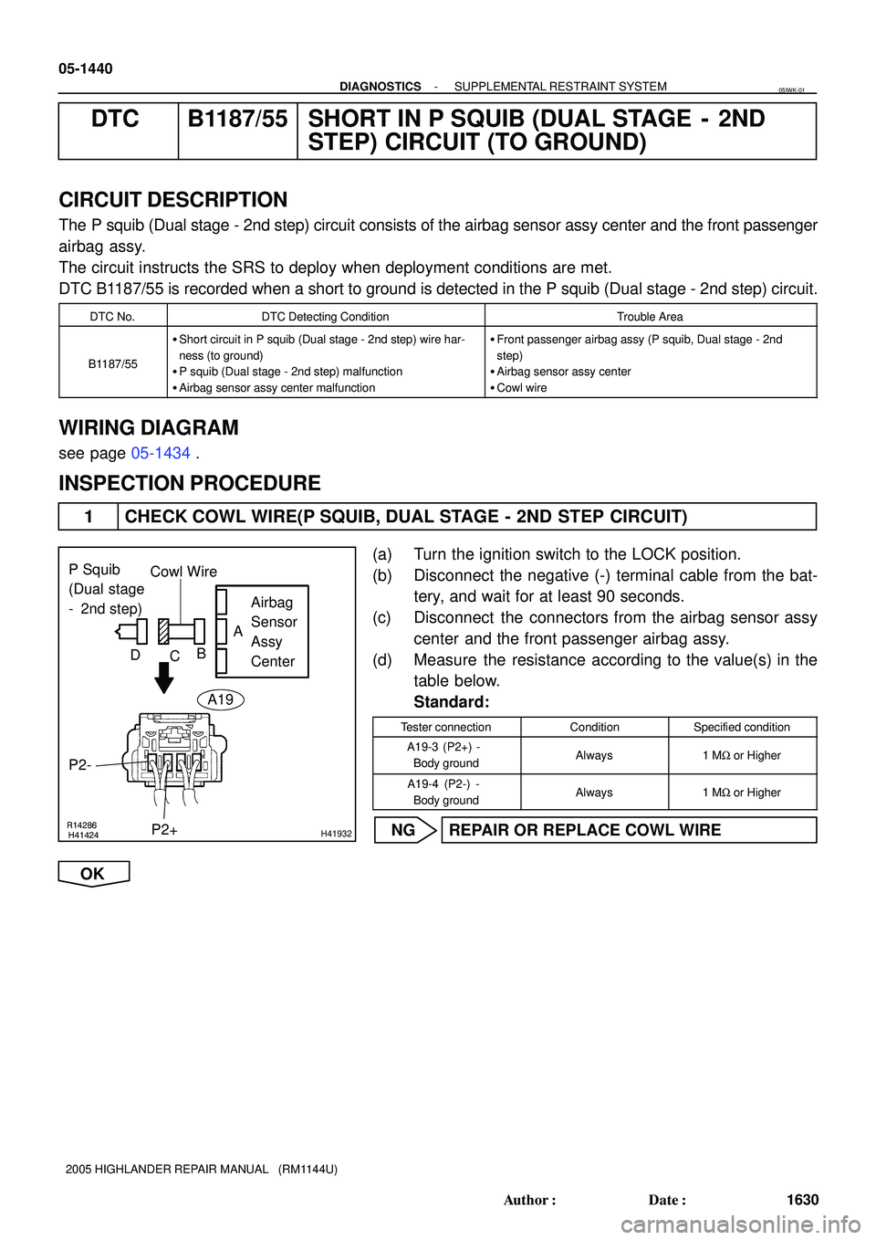 TOYOTA HIGHLANDER 2001 Service Repair Manual R14286H41424H41932
P Squib
(Dual stage
- 2nd step)Airbag
Sensor
Assy
Center
P2+ Cowl Wire
A
B
C D
P2-
A19
05-1440
- DIAGNOSTICSSUPPLEMENTAL RESTRAINT SYSTEM
1630 Author: Date:
2005 HIGHLANDER RE TOYOTA HIGHLANDER 2001 Service Repair Manual R14286H41424H41932
P Squib
(Dual stage
- 2nd step)Airbag
Sensor
Assy
Center
P2+ Cowl Wire
A
B
C D
P2-
A19
05-1440
- DIAGNOSTICSSUPPLEMENTAL RESTRAINT SYSTEM
1630 Author: Date:
2005 HIGHLANDER RE