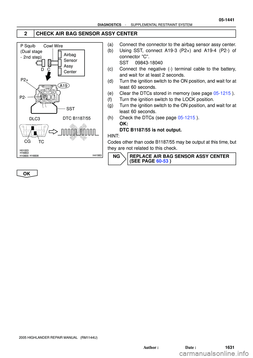 TOYOTA HIGHLANDER 2001 Service Repair Manual H01023
H10600H16838H16853H41983
Airbag
Sensor
Assy
Center
P2+
P2-
DLC3DTC B1187/55
TC CG
P Squib
(Dual stage
- 2nd step)Cowl Wire
C
D
A19
SST
- DIAGNOSTICSSUPPLEMENTAL RESTRAINT SYSTEM
05-1441
1631 Au TOYOTA HIGHLANDER 2001 Service Repair Manual H01023
H10600H16838H16853H41983
Airbag
Sensor
Assy
Center
P2+
P2-
DLC3DTC B1187/55
TC CG
P Squib
(Dual stage
- 2nd step)Cowl Wire
C
D
A19
SST
- DIAGNOSTICSSUPPLEMENTAL RESTRAINT SYSTEM
05-1441
1631 Au