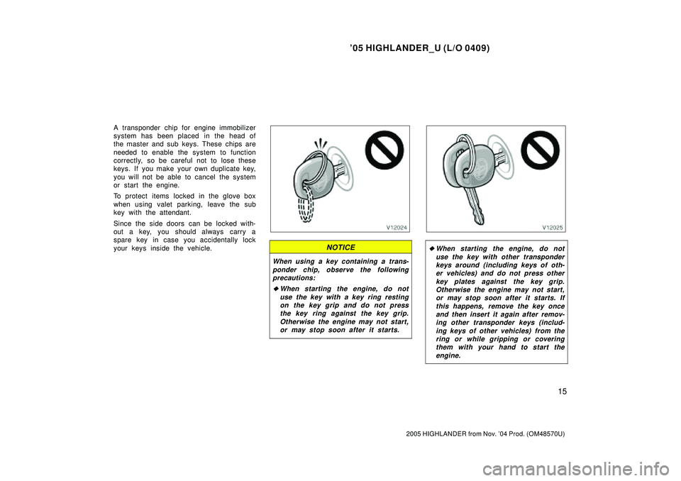 TOYOTA HIGHLANDER 2001 Service Repair Manual 05 HIGHLANDER_U (L/O 0409)
15
2005 HIGHLANDER from Nov. 04 Prod. (OM48570U)
A transponder chip for engine immobilizer
system has been placed in the head of
the master and sub keys. These chips are
TOYOTA HIGHLANDER 2001 Service Repair Manual 05 HIGHLANDER_U (L/O 0409)
15
2005 HIGHLANDER from Nov. 04 Prod. (OM48570U)
A transponder chip for engine immobilizer
system has been placed in the head of
the master and sub keys. These chips are