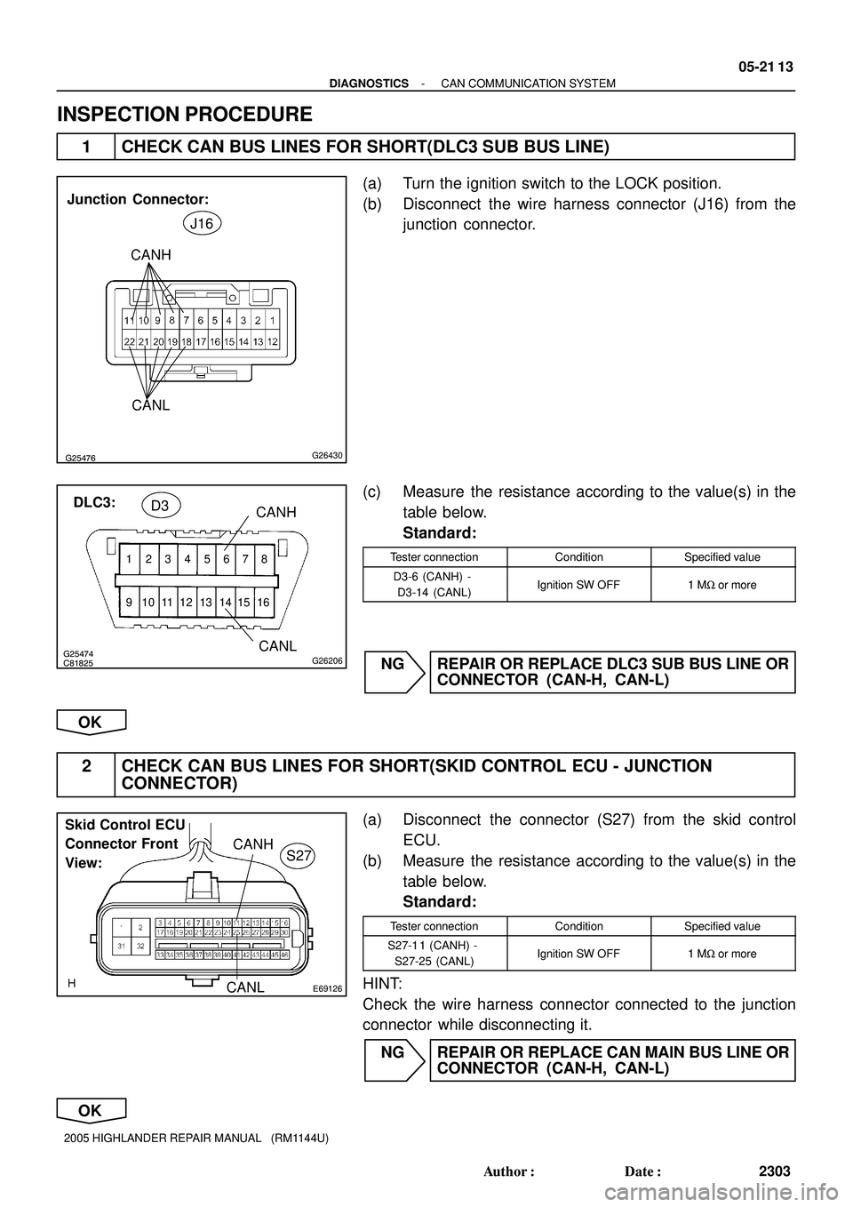 TOYOTA HIGHLANDER 2001 Service Repair Manual G25476G26430
Junction Connector:
J16
CANH
CANL
C81825
12345678
9 10111213141516
G25474G26206
DLC3:
CANH
CANLD3
E69126
Skid Control ECU
Connector Front
View:CANH
CANL
S27
- DIAGNOSTICSCAN COMMUNICAT TOYOTA HIGHLANDER 2001 Service Repair Manual G25476G26430
Junction Connector:
J16
CANH
CANL
C81825
12345678
9 10111213141516
G25474G26206
DLC3:
CANH
CANLD3
E69126
Skid Control ECU
Connector Front
View:CANH
CANL
S27
- DIAGNOSTICSCAN COMMUNICAT