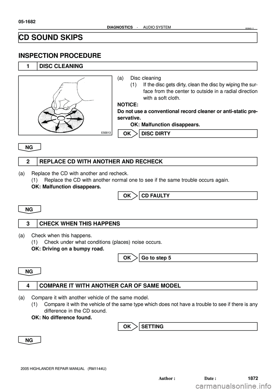 TOYOTA HIGHLANDER 2001 Service Repair Manual E50013
05-1682
- DIAGNOSTICSAUDIO SYSTEM
1872 Author: Date:
2005 HIGHLANDER REPAIR MANUAL (RM1144U)
CD SOUND SKIPS
INSPECTION PROCEDURE
1 DISC CLEANING
(a) Disc cleaning
(1) If the disc gets dirty TOYOTA HIGHLANDER 2001 Service Repair Manual E50013
05-1682
- DIAGNOSTICSAUDIO SYSTEM
1872 Author: Date:
2005 HIGHLANDER REPAIR MANUAL (RM1144U)
CD SOUND SKIPS
INSPECTION PROCEDURE
1 DISC CLEANING
(a) Disc cleaning
(1) If the disc gets dirty