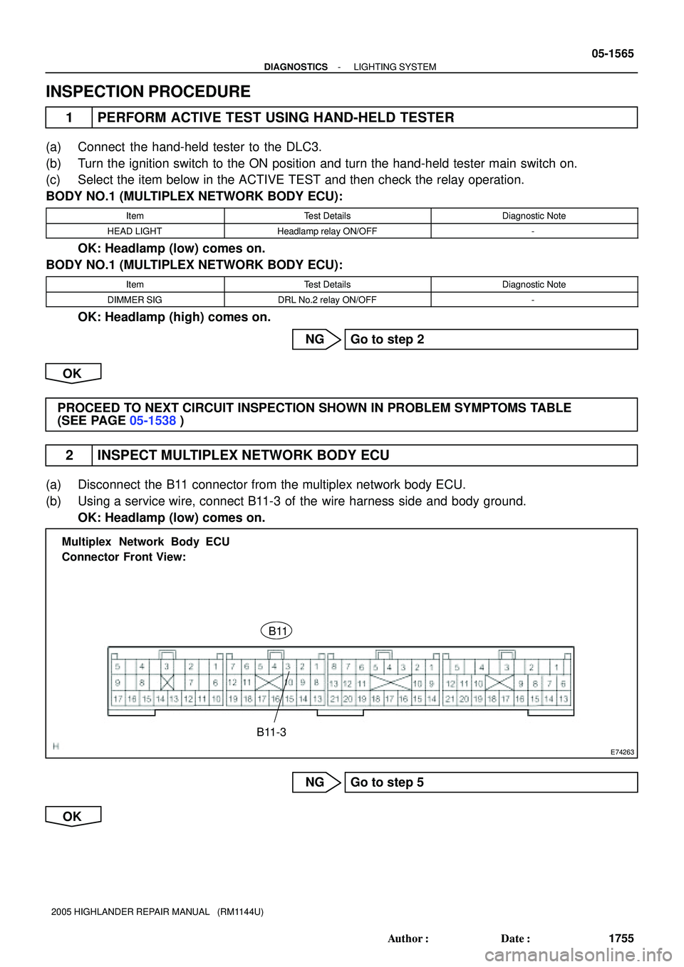 TOYOTA HIGHLANDER 2001 Service Repair Manual E74263
B11
B11-3 Multiplex Network Body ECU
Connector Front View:
- DIAGNOSTICSLIGHTING SYSTEM
05-1565
1755 Author: Date:
2005 HIGHLANDER REPAIR MANUAL (RM1144U)
INSPECTION PROCEDURE
1 PERFORM AC TOYOTA HIGHLANDER 2001 Service Repair Manual E74263
B11
B11-3 Multiplex Network Body ECU
Connector Front View:
- DIAGNOSTICSLIGHTING SYSTEM
05-1565
1755 Author: Date:
2005 HIGHLANDER REPAIR MANUAL (RM1144U)
INSPECTION PROCEDURE
1 PERFORM AC