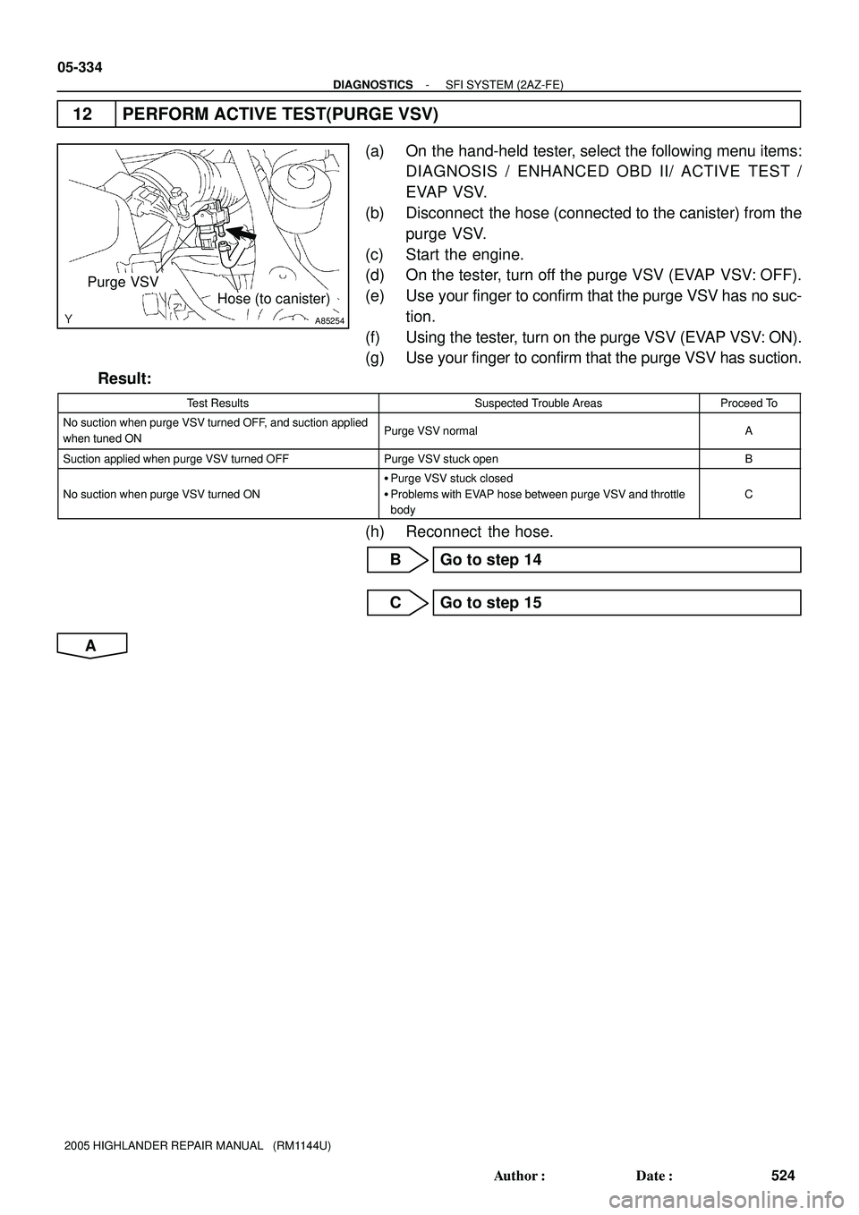 TOYOTA HIGHLANDER 2001 Service Repair Manual A85254
Purge VSV
Hose (to canister)
05-334
- DIAGNOSTICSSFI SYSTEM (2AZ-FE)
524 Author: Date:
2005 HIGHLANDER REPAIR MANUAL (RM1144U)
12 PERFORM ACTIVE TEST(PURGE VSV)
(a) On the hand-held tester, TOYOTA HIGHLANDER 2001 Service Repair Manual A85254
Purge VSV
Hose (to canister)
05-334
- DIAGNOSTICSSFI SYSTEM (2AZ-FE)
524 Author: Date:
2005 HIGHLANDER REPAIR MANUAL (RM1144U)
12 PERFORM ACTIVE TEST(PURGE VSV)
(a) On the hand-held tester,