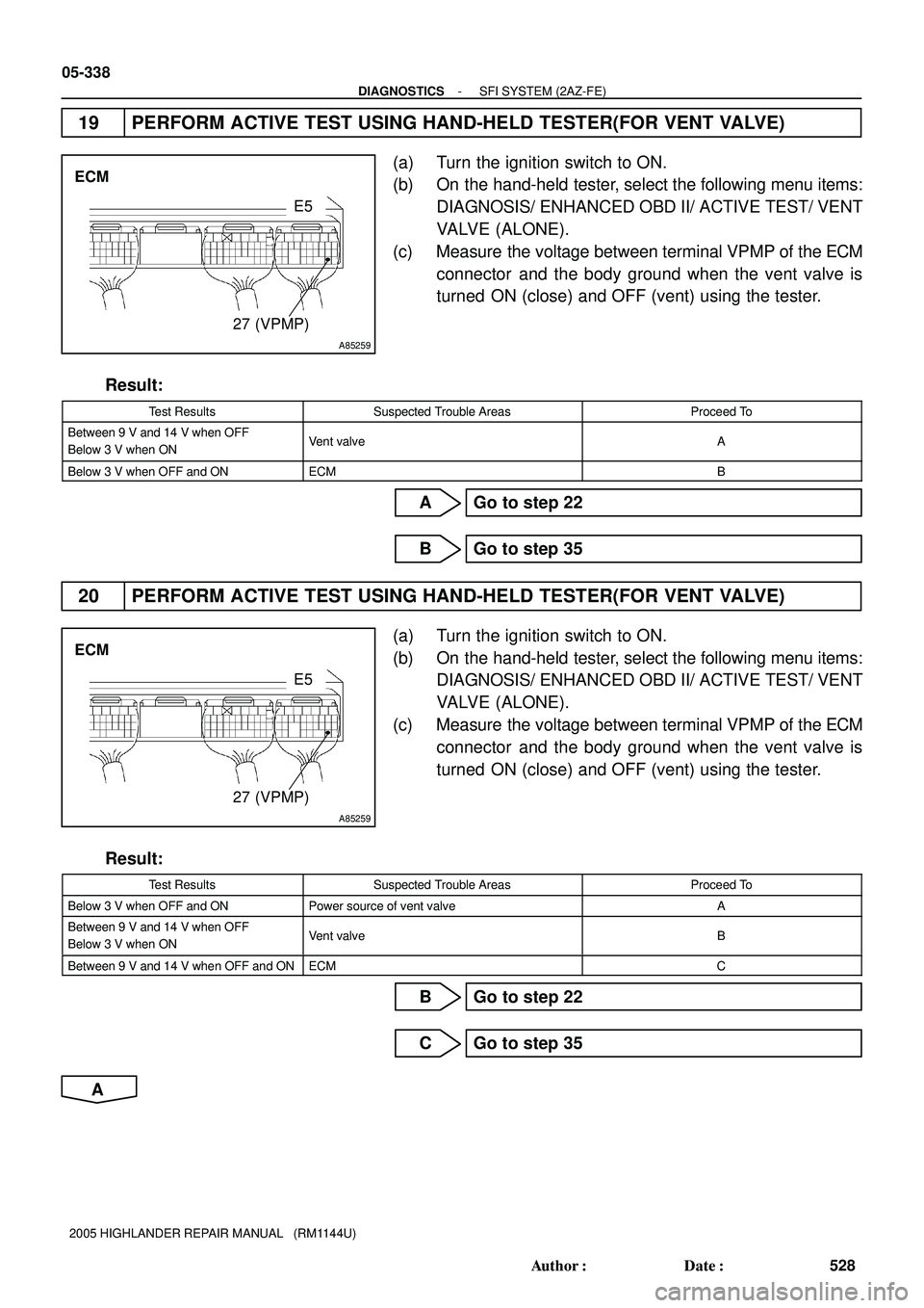 TOYOTA HIGHLANDER 2001 Service Repair Manual A85259
ECM
E5
27 (VPMP)
A85259
ECM
E5
27 (VPMP)
05-338
- DIAGNOSTICSSFI SYSTEM (2AZ-FE)
528 Author: Date:
2005 HIGHLANDER REPAIR MANUAL (RM1144U)
19 PERFORM ACTIVE TEST USING HAND-HELD TESTER(FOR TOYOTA HIGHLANDER 2001 Service Repair Manual A85259
ECM
E5
27 (VPMP)
A85259
ECM
E5
27 (VPMP)
05-338
- DIAGNOSTICSSFI SYSTEM (2AZ-FE)
528 Author: Date:
2005 HIGHLANDER REPAIR MANUAL (RM1144U)
19 PERFORM ACTIVE TEST USING HAND-HELD TESTER(FOR