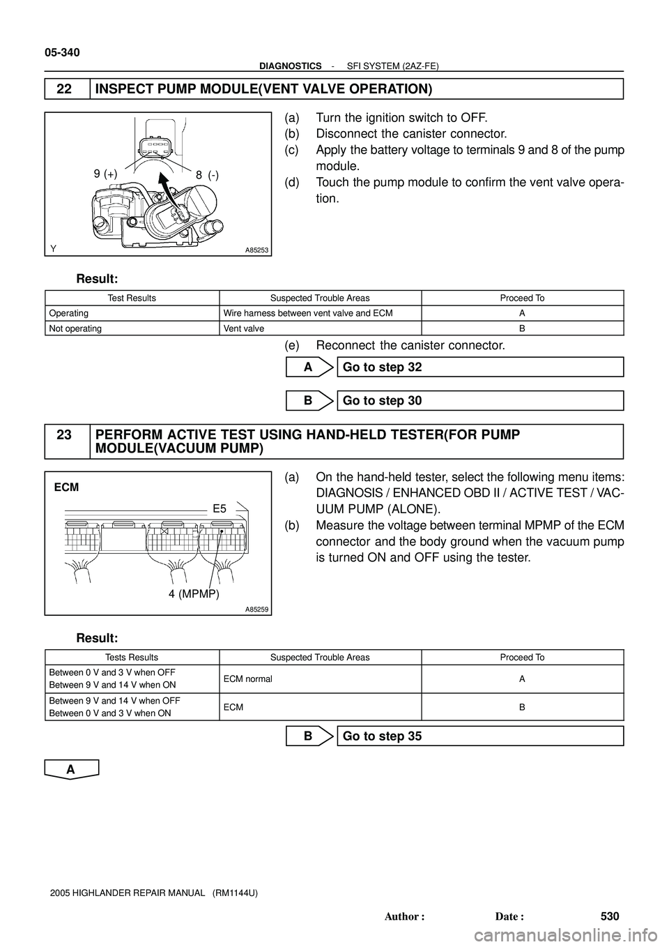 TOYOTA HIGHLANDER 2001 Service Repair Manual A85253
8 (-) 9 (+)
A85259
ECM
E5
4 (MPMP)
05-340
- DIAGNOSTICSSFI SYSTEM (2AZ-FE)
530 Author: Date:
2005 HIGHLANDER REPAIR MANUAL (RM1144U)
22 INSPECT PUMP MODULE(VENT VALVE OPERATION)
(a) Turn th TOYOTA HIGHLANDER 2001 Service Repair Manual A85253
8 (-) 9 (+)
A85259
ECM
E5
4 (MPMP)
05-340
- DIAGNOSTICSSFI SYSTEM (2AZ-FE)
530 Author: Date:
2005 HIGHLANDER REPAIR MANUAL (RM1144U)
22 INSPECT PUMP MODULE(VENT VALVE OPERATION)
(a) Turn th