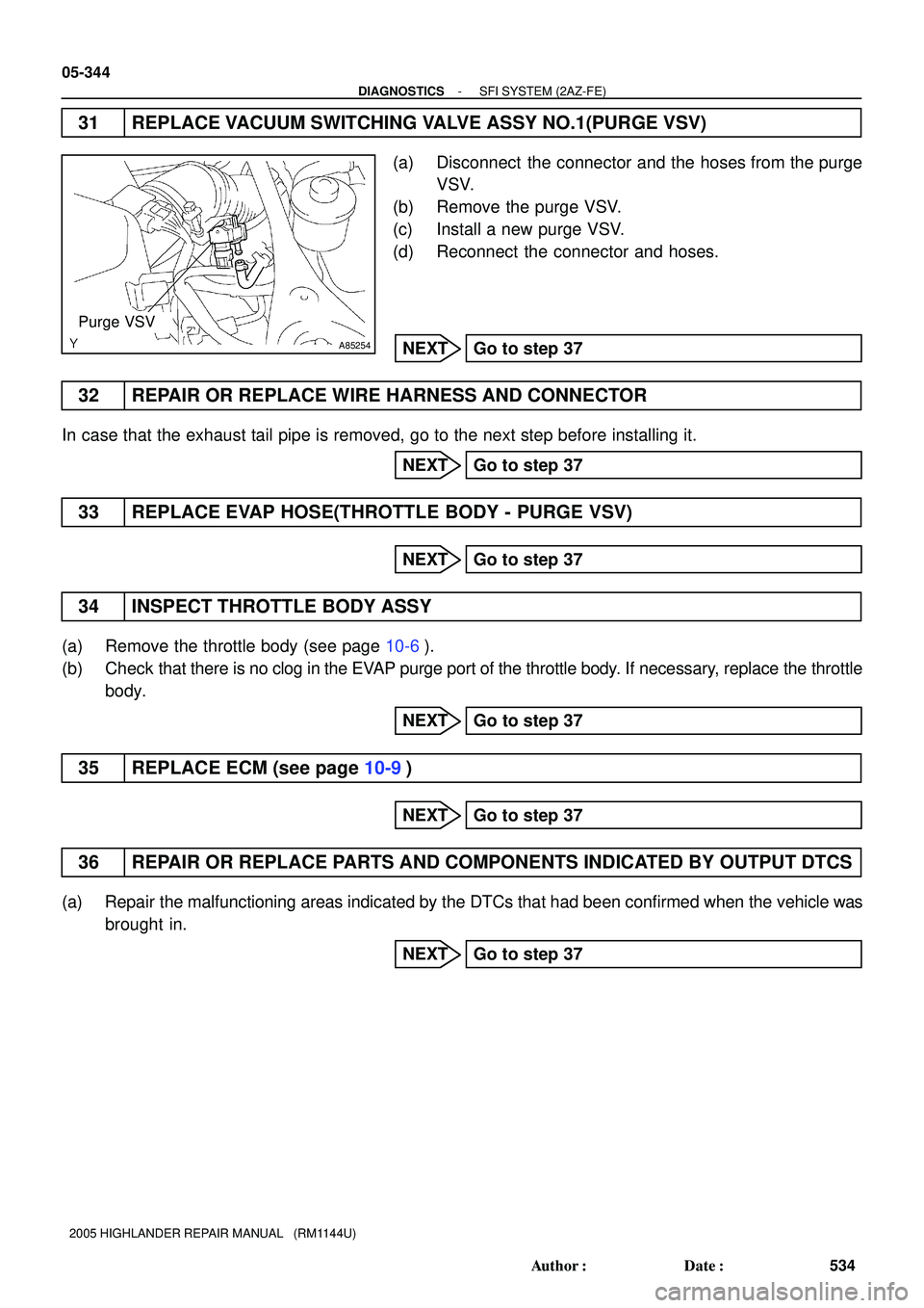 TOYOTA HIGHLANDER 2001 Service Repair Manual A85254
Purge VSV
05-344
- DIAGNOSTICSSFI SYSTEM (2AZ-FE)
534 Author: Date:
2005 HIGHLANDER REPAIR MANUAL (RM1144U)
31 REPLACE VACUUM SWITCHING VALVE ASSY NO.1(PURGE VSV)
(a) Disconnect the connec TOYOTA HIGHLANDER 2001 Service Repair Manual A85254
Purge VSV
05-344
- DIAGNOSTICSSFI SYSTEM (2AZ-FE)
534 Author: Date:
2005 HIGHLANDER REPAIR MANUAL (RM1144U)
31 REPLACE VACUUM SWITCHING VALVE ASSY NO.1(PURGE VSV)
(a) Disconnect the connec