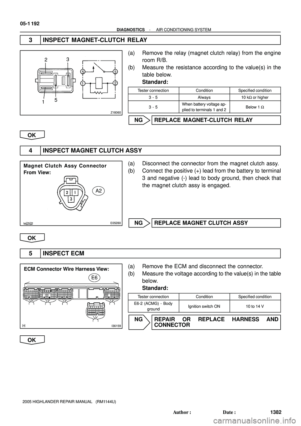TOYOTA HIGHLANDER 2001 Service Repair Manual Z18060
5
13
2
23
15
le32E05280
Magnet Clutch Assy Connector
From View:
A2
I36159
ECM Connector Wire Harness View:
E6
05-1 192
- DIAGNOSTICSAIR CONDITIONING SYSTEM
1382 Author: Date:
2005 HIGHLANDER TOYOTA HIGHLANDER 2001 Service Repair Manual Z18060
5
13
2
23
15
le32E05280
Magnet Clutch Assy Connector
From View:
A2
I36159
ECM Connector Wire Harness View:
E6
05-1 192
- DIAGNOSTICSAIR CONDITIONING SYSTEM
1382 Author: Date:
2005 HIGHLANDER