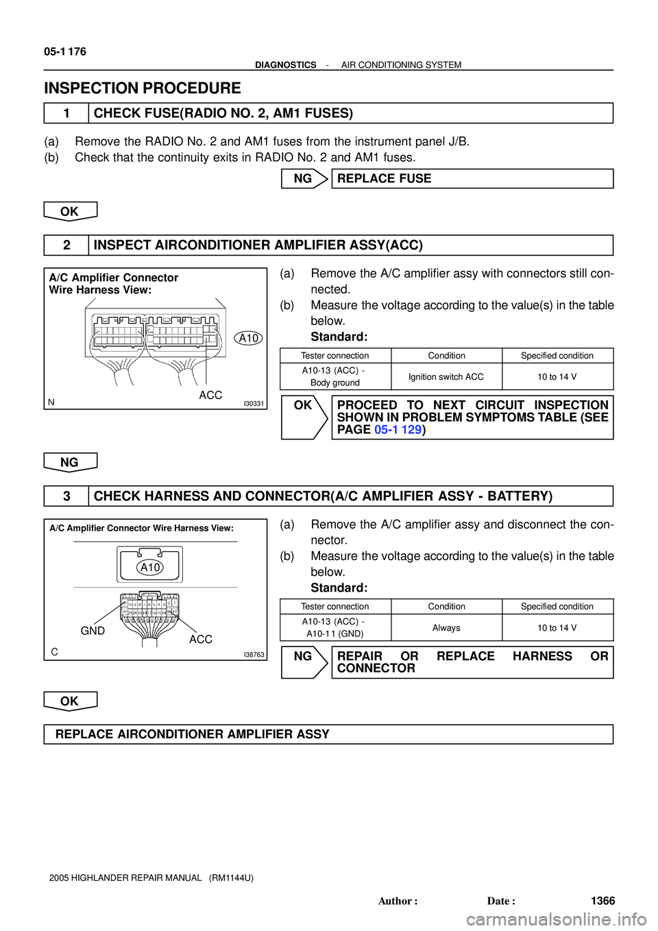 TOYOTA HIGHLANDER 2001 Service Repair Manual I30331ACC
A/C Amplifier Connector
Wire Harness View:
A10
I38763
A10
GND
ACC
A/C Amplifier Connector Wire Harness View:
05-1 176
- DIAGNOSTICSAIR CONDITIONING SYSTEM
1366 Author: Date:
2005 HIGHLANDE TOYOTA HIGHLANDER 2001 Service Repair Manual I30331ACC
A/C Amplifier Connector
Wire Harness View:
A10
I38763
A10
GND
ACC
A/C Amplifier Connector Wire Harness View:
05-1 176
- DIAGNOSTICSAIR CONDITIONING SYSTEM
1366 Author: Date:
2005 HIGHLANDE