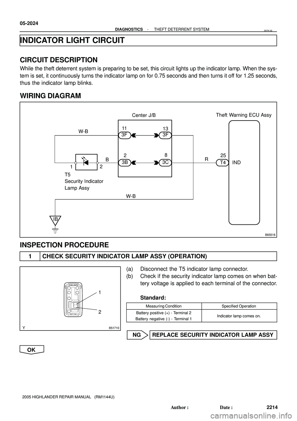 TOYOTA HIGHLANDER 2001  Service Repair Manual B65516
1
T5
Security Indicator
Lamp Assy11
13
3F W-B
IB2B
3BTheft Warning ECU Assy
2
IND 3C25 8
T4 R 3F
W-BCenter J/B
B51710
1
2
05-2024
- DIAGNOSTICSTHEFT DETERRENT SYSTEM
2214 Author: Date:
2005 H
