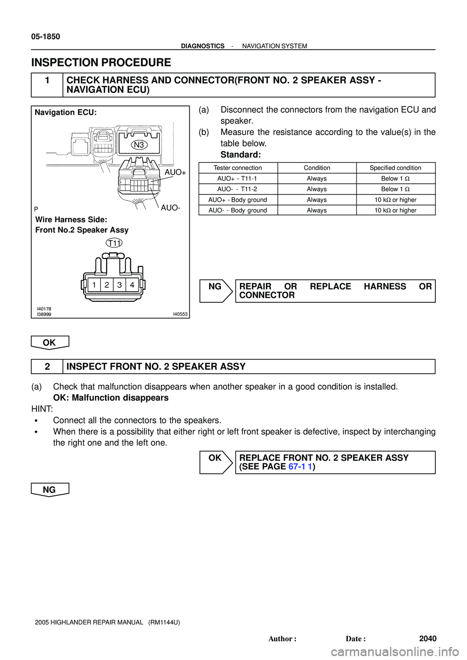 TOYOTA HIGHLANDER 2001 Service Repair Manual I40178I38999I40553
Navigation ECU:
Wire Harness Side:
Front No.2 Speaker AssyN3
AUO+
AUO-
T11
05-1850
- DIAGNOSTICSNAVIGATION SYSTEM
2040 Author: Date:
2005 HIGHLANDER REPAIR MANUAL (RM1144U)
INSP TOYOTA HIGHLANDER 2001 Service Repair Manual I40178I38999I40553
Navigation ECU:
Wire Harness Side:
Front No.2 Speaker AssyN3
AUO+
AUO-
T11
05-1850
- DIAGNOSTICSNAVIGATION SYSTEM
2040 Author: Date:
2005 HIGHLANDER REPAIR MANUAL (RM1144U)
INSP