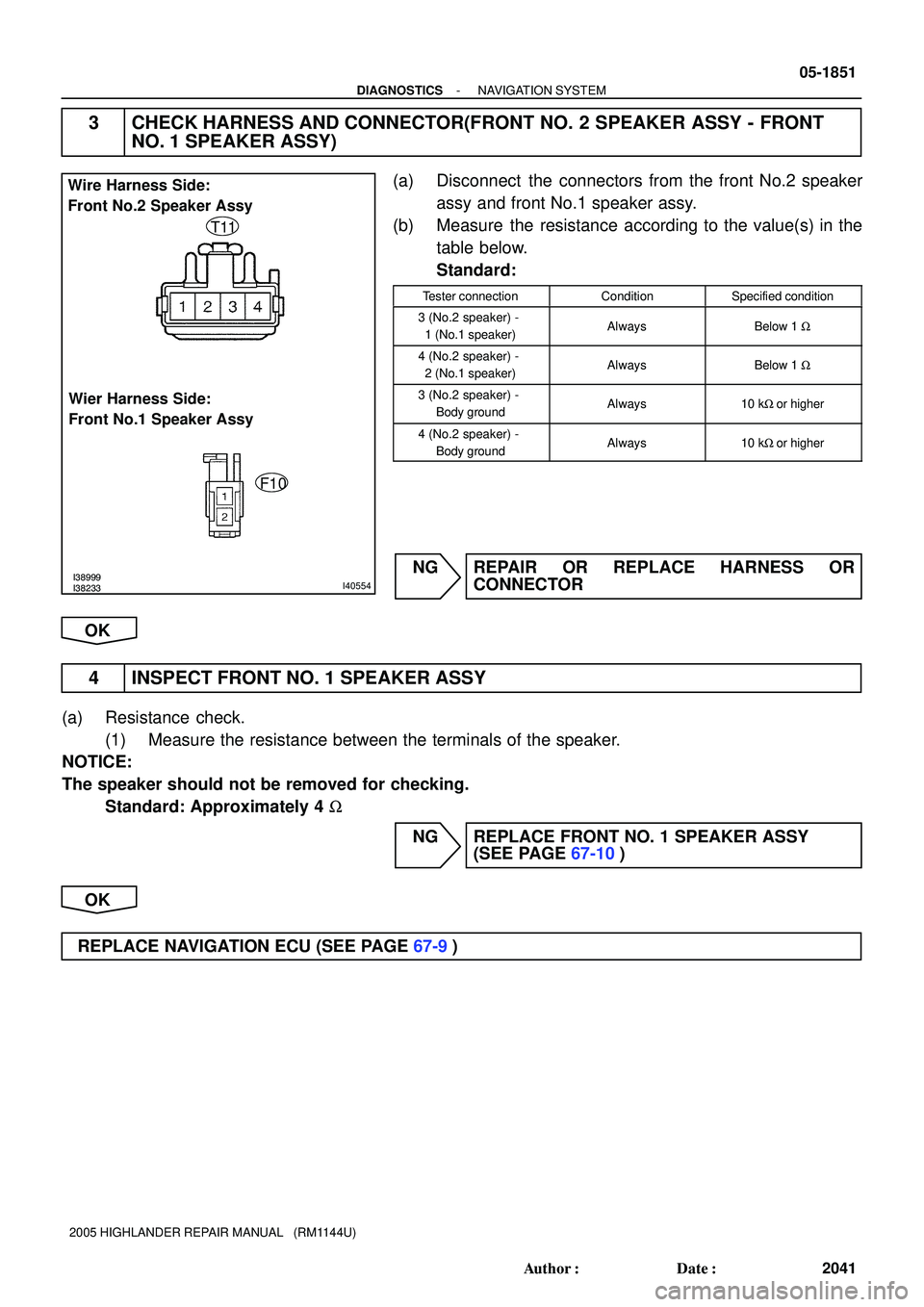 TOYOTA HIGHLANDER 2001 Service Repair Manual I38999I38233I40554
Wire Harness Side:
Front No.2 Speaker Assy
Wier Harness Side:
Front No.1 Speaker AssyT11
F10
- DIAGNOSTICSNAVIGATION SYSTEM
05-1851
2041 Author: Date:
2005 HIGHLANDER REPAIR MANUA TOYOTA HIGHLANDER 2001 Service Repair Manual I38999I38233I40554
Wire Harness Side:
Front No.2 Speaker Assy
Wier Harness Side:
Front No.1 Speaker AssyT11
F10
- DIAGNOSTICSNAVIGATION SYSTEM
05-1851
2041 Author: Date:
2005 HIGHLANDER REPAIR MANUA