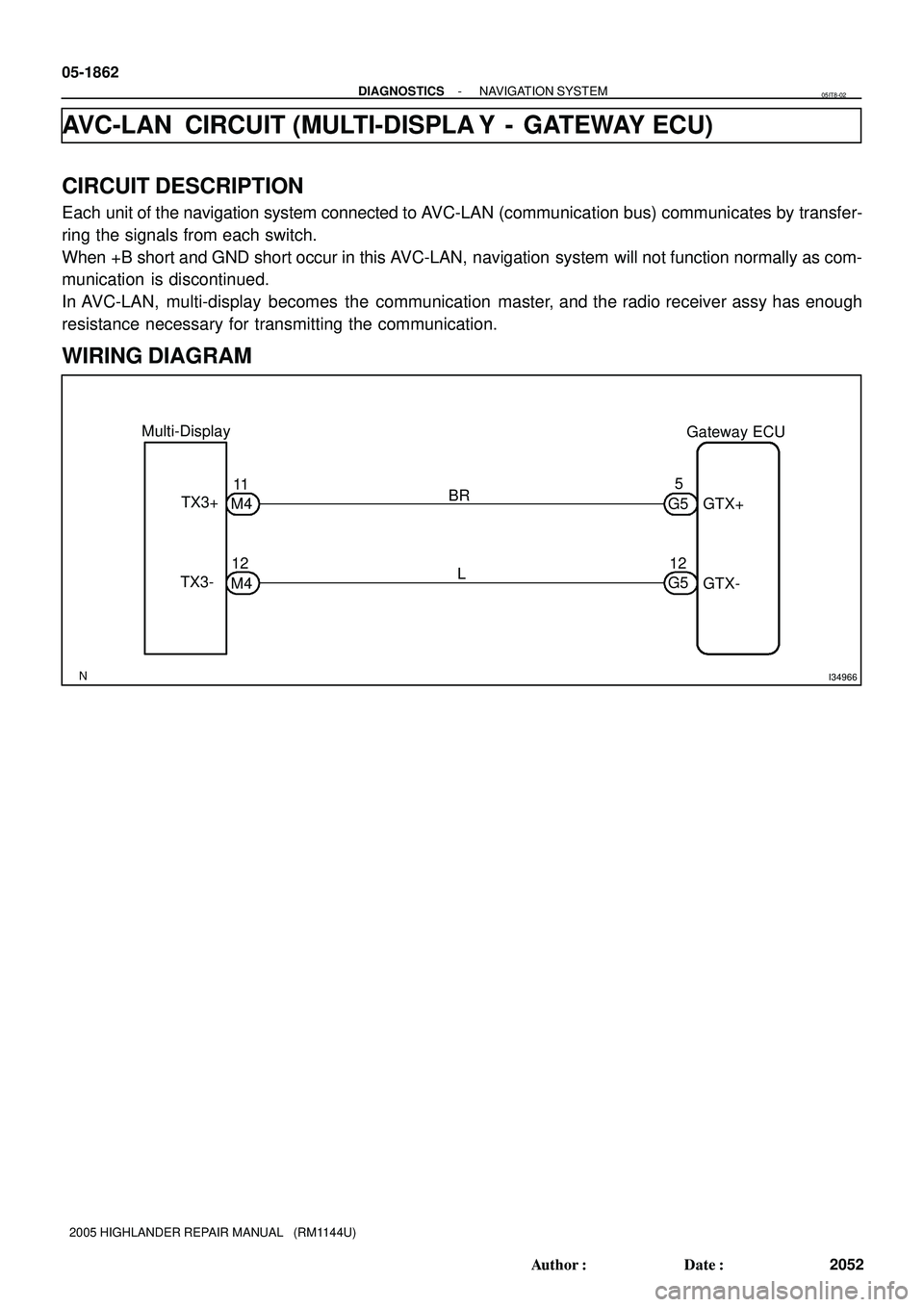 TOYOTA HIGHLANDER 2001  Service Repair Manual I34966
Multi-Display
Gateway ECU
GTX+
GTX- TX3+
TX3-
M412 M411
L BR
G512 G55 05-1862
- DIAGNOSTICSNAVIGATION SYSTEM
2052 Author: Date:
2005 HIGHLANDER REPAIR MANUAL   (RM1144U)
AVC-LAN  CIRCUIT (MUL