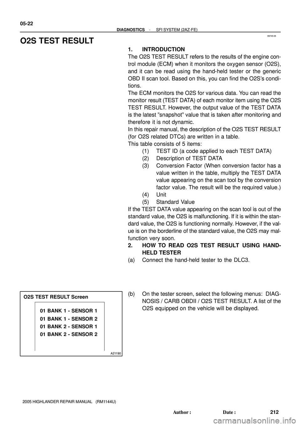 TOYOTA HIGHLANDER 2001  Service Repair Manual 05F45-05
01 BANK 1 - SENSOR 1
01 BANK 1 - SENSOR 2
01 BANK 2 - SENSOR 1
01 BANK 2 - SENSOR 2
A21190
O2S TEST RESULT Screen 05-22
- DIAGNOSTICSSFI SYSTEM (2AZ-FE)
212 Author: Date:
2005 HIGHLANDER RE