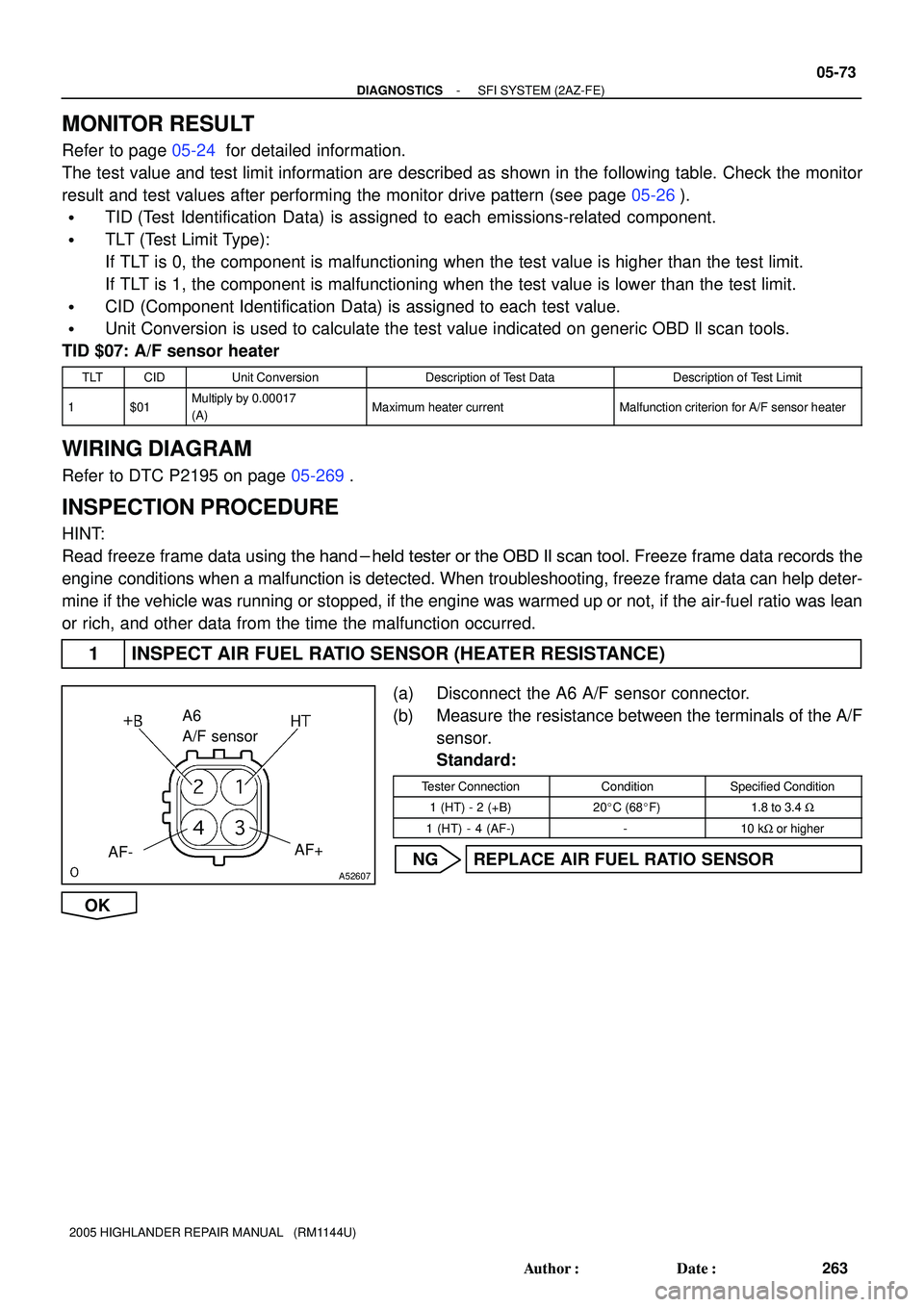 TOYOTA HIGHLANDER 2001 Service Repair Manual A52607
AF-AF+
A6
A/F sensor
- DIAGNOSTICSSFI SYSTEM (2AZ-FE)
05-73
263 Author: Date:
2005 HIGHLANDER REPAIR MANUAL (RM1144U)
MONITOR RESULT
Refer to page 05-24 for detailed information.
The test v TOYOTA HIGHLANDER 2001 Service Repair Manual A52607
AF-AF+
A6
A/F sensor
- DIAGNOSTICSSFI SYSTEM (2AZ-FE)
05-73
263 Author: Date:
2005 HIGHLANDER REPAIR MANUAL (RM1144U)
MONITOR RESULT
Refer to page 05-24 for detailed information.
The test v