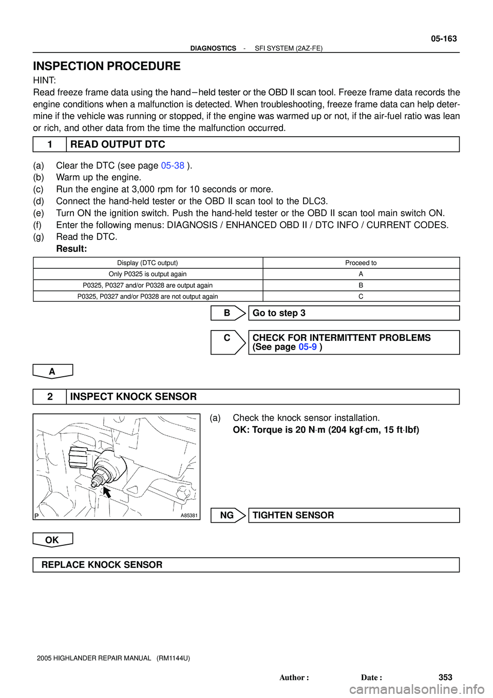 TOYOTA HIGHLANDER 2001 Service Repair Manual A85381
- DIAGNOSTICSSFI SYSTEM (2AZ-FE)
05-163
353 Author: Date:
2005 HIGHLANDER REPAIR MANUAL (RM1144U)
INSPECTION PROCEDURE
HINT:
Read freeze frame data using the hand-held tester or the OBD II TOYOTA HIGHLANDER 2001 Service Repair Manual A85381
- DIAGNOSTICSSFI SYSTEM (2AZ-FE)
05-163
353 Author: Date:
2005 HIGHLANDER REPAIR MANUAL (RM1144U)
INSPECTION PROCEDURE
HINT:
Read freeze frame data using the hand-held tester or the OBD II