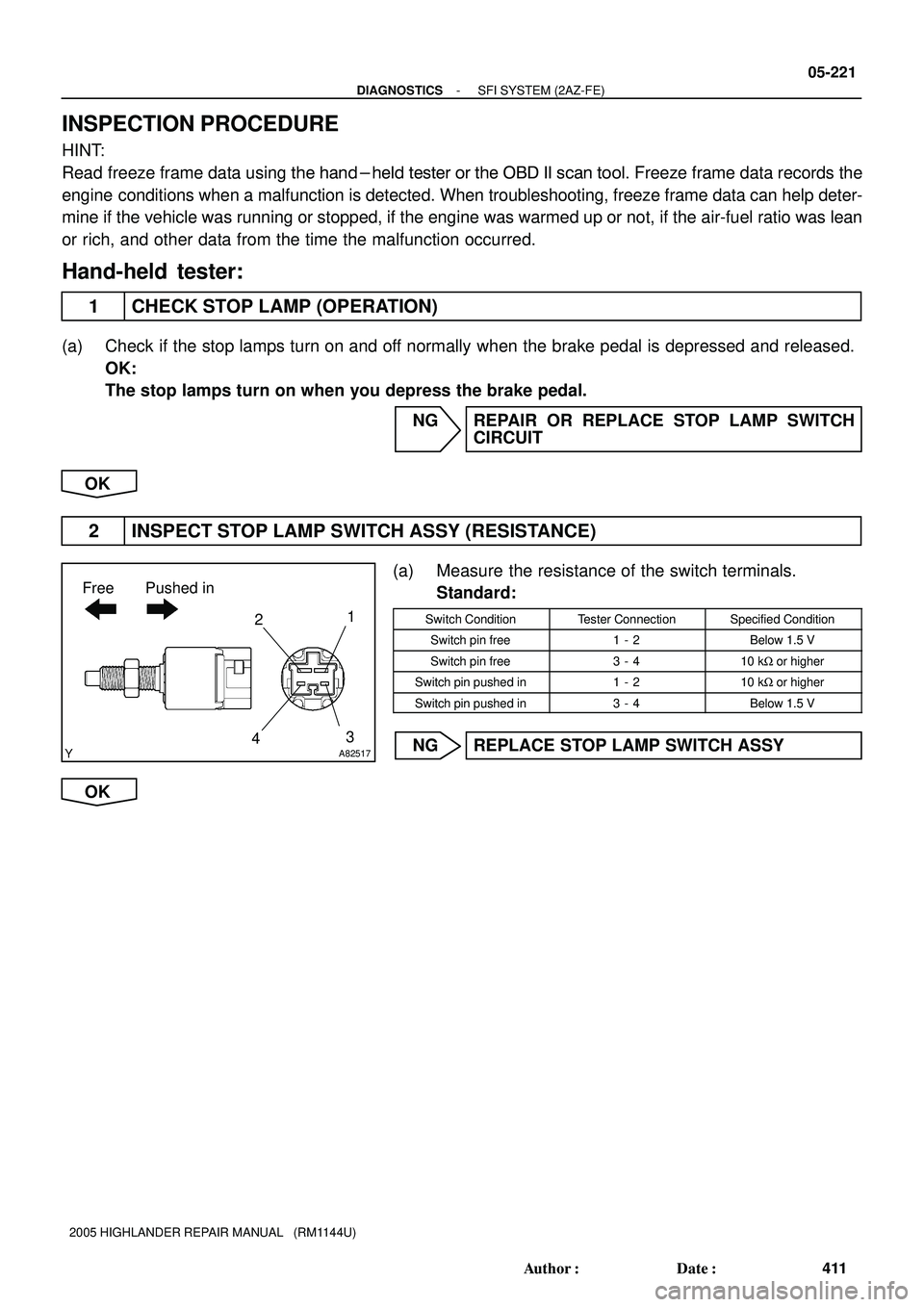 TOYOTA HIGHLANDER 2001 Service Repair Manual A82517
Free Pushed in
43 21
- DIAGNOSTICSSFI SYSTEM (2AZ-FE)
05-221
411 Author: Date:
2005 HIGHLANDER REPAIR MANUAL (RM1144U)
INSPECTION PROCEDURE
HINT:
Read freeze frame data using the hand-held TOYOTA HIGHLANDER 2001 Service Repair Manual A82517
Free Pushed in
43 21
- DIAGNOSTICSSFI SYSTEM (2AZ-FE)
05-221
411 Author: Date:
2005 HIGHLANDER REPAIR MANUAL (RM1144U)
INSPECTION PROCEDURE
HINT:
Read freeze frame data using the hand-held