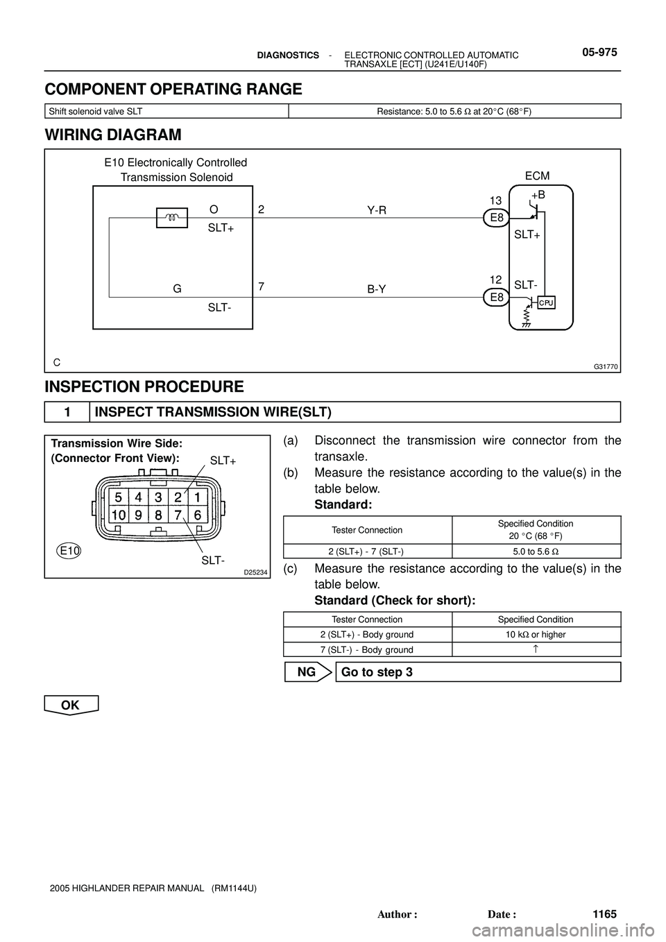 TOYOTA HIGHLANDER 2001  Service Repair Manual G31770
ECM
SLT+
SLT- E8 13
12 Y-R
B-Y E10 Electronically Controlled 
     Transmission Solenoid
E8 O
G2
7 SLT+
SLT-+B
D25234
Transmission Wire Side:
(Connector Front View):
E10
SLT-SLT+
- DIAGNOSTICSE