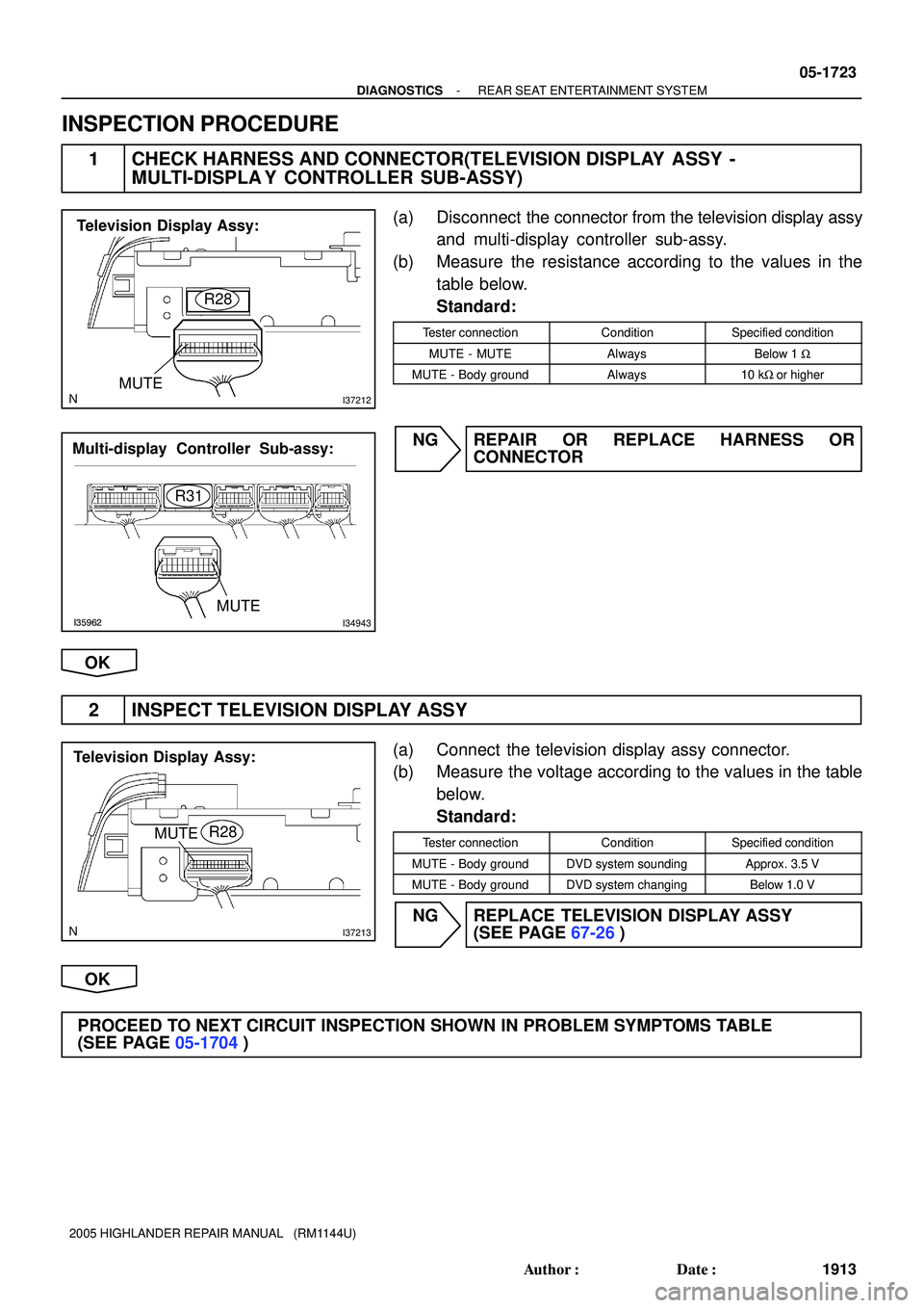 TOYOTA HIGHLANDER 2001 Service Repair Manual I37212
R28
Television Display Assy:
MUTE
I35962I34943
R31
MUTE
Multi-display Controller Sub-assy:
I37213
MUTER28
Television Display Assy:
- DIAGNOSTICSREAR SEAT ENTERTAINMENT SYSTEM
05-1723
1913 Autho TOYOTA HIGHLANDER 2001 Service Repair Manual I37212
R28
Television Display Assy:
MUTE
I35962I34943
R31
MUTE
Multi-display Controller Sub-assy:
I37213
MUTER28
Television Display Assy:
- DIAGNOSTICSREAR SEAT ENTERTAINMENT SYSTEM
05-1723
1913 Autho