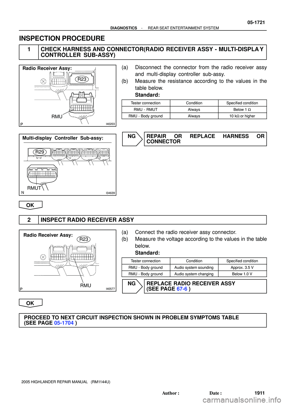 TOYOTA HIGHLANDER 2001 Service Repair Manual I40203
RMU
R23
Radio Receiver Assy:
I34639RMUT
R29
Multi-display Controller Sub-assy:
I40577RMU
R23Radio Receiver Assy:
- DIAGNOSTICSREAR SEAT ENTERTAINMENT SYSTEM
05-1721
1911 Author: Date:
2005 HI TOYOTA HIGHLANDER 2001 Service Repair Manual I40203
RMU
R23
Radio Receiver Assy:
I34639RMUT
R29
Multi-display Controller Sub-assy:
I40577RMU
R23Radio Receiver Assy:
- DIAGNOSTICSREAR SEAT ENTERTAINMENT SYSTEM
05-1721
1911 Author: Date:
2005 HI