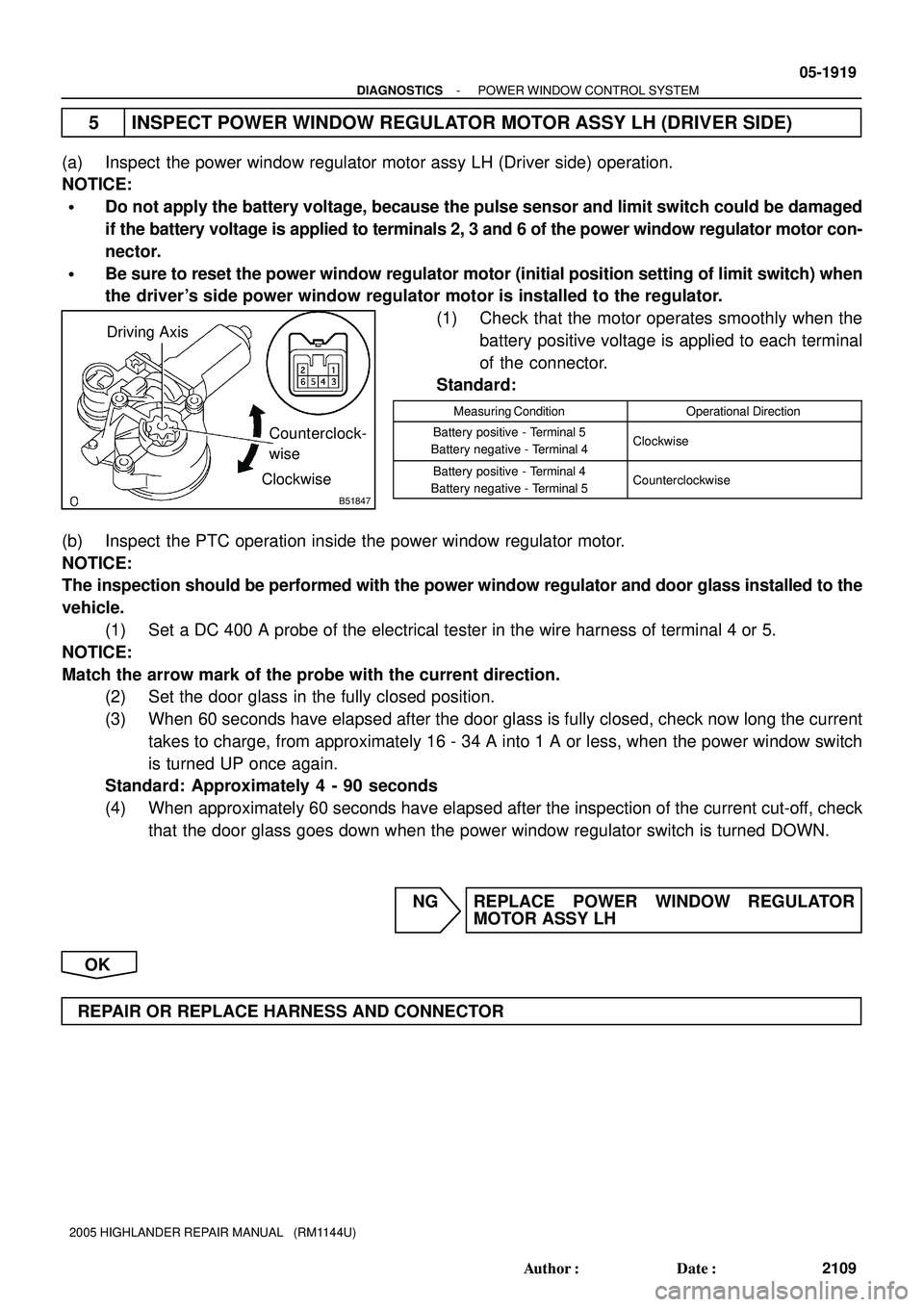 TOYOTA HIGHLANDER 2001 Service Repair Manual B51847
Driving Axis
ClockwiseCounterclock-
wise
- DIAGNOSTICSPOWER WINDOW CONTROL SYSTEM
05-1919
2109 Author: Date:
2005 HIGHLANDER REPAIR MANUAL (RM1144U)
5 INSPECT POWER WINDOW REGULATOR MOTOR A TOYOTA HIGHLANDER 2001 Service Repair Manual B51847
Driving Axis
ClockwiseCounterclock-
wise
- DIAGNOSTICSPOWER WINDOW CONTROL SYSTEM
05-1919
2109 Author: Date:
2005 HIGHLANDER REPAIR MANUAL (RM1144U)
5 INSPECT POWER WINDOW REGULATOR MOTOR A