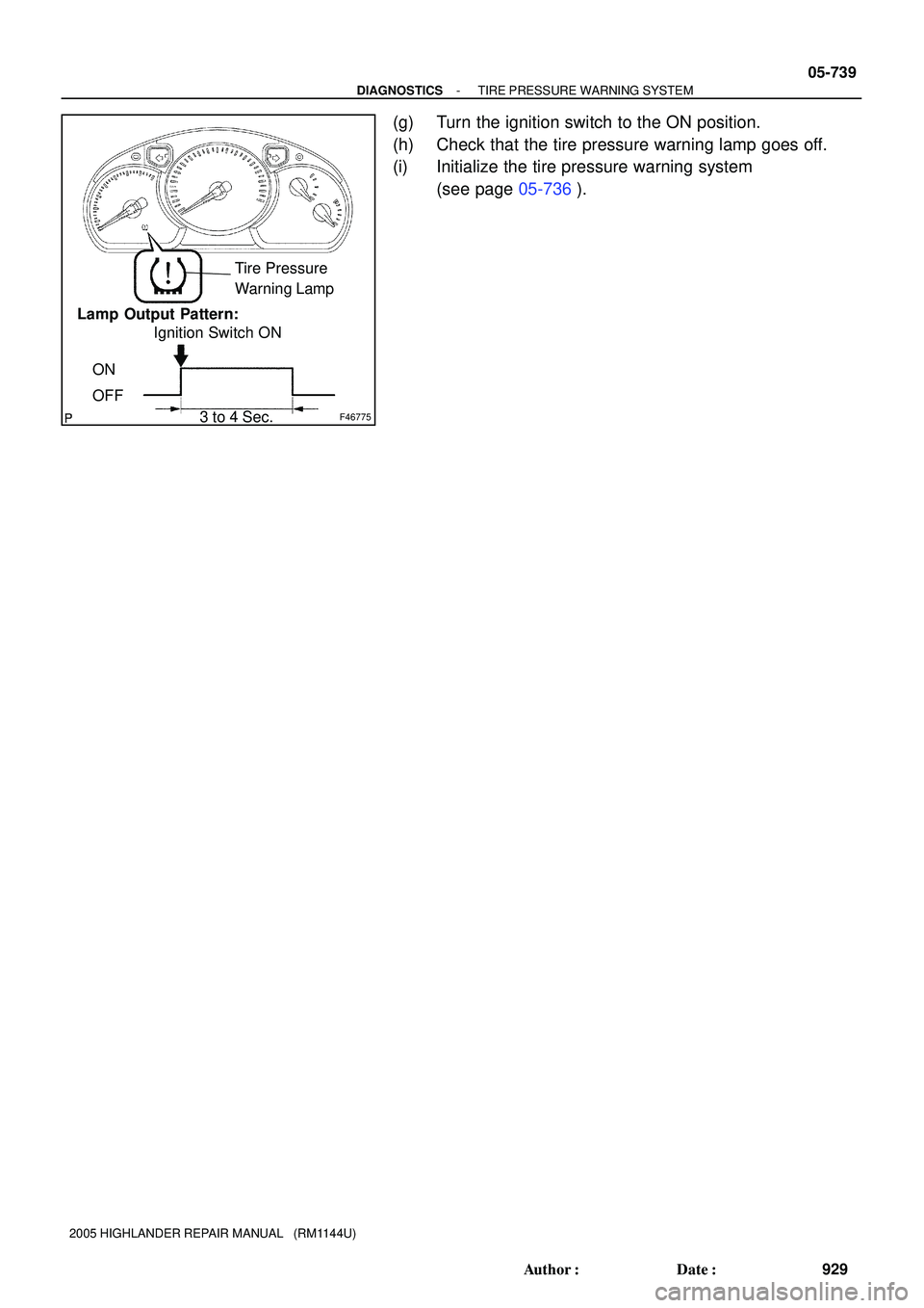 TOYOTA HIGHLANDER 2001  Service Repair Manual F46775
Tire Pressure 
Warning Lamp
Lamp Output Pattern:
ON
OFFIgnition Switch ON
3 to 4 Sec.
- DIAGNOSTICSTIRE PRESSURE WARNING SYSTEM
05-739
929 Author: Date:
2005 HIGHLANDER REPAIR MANUAL   (RM114
