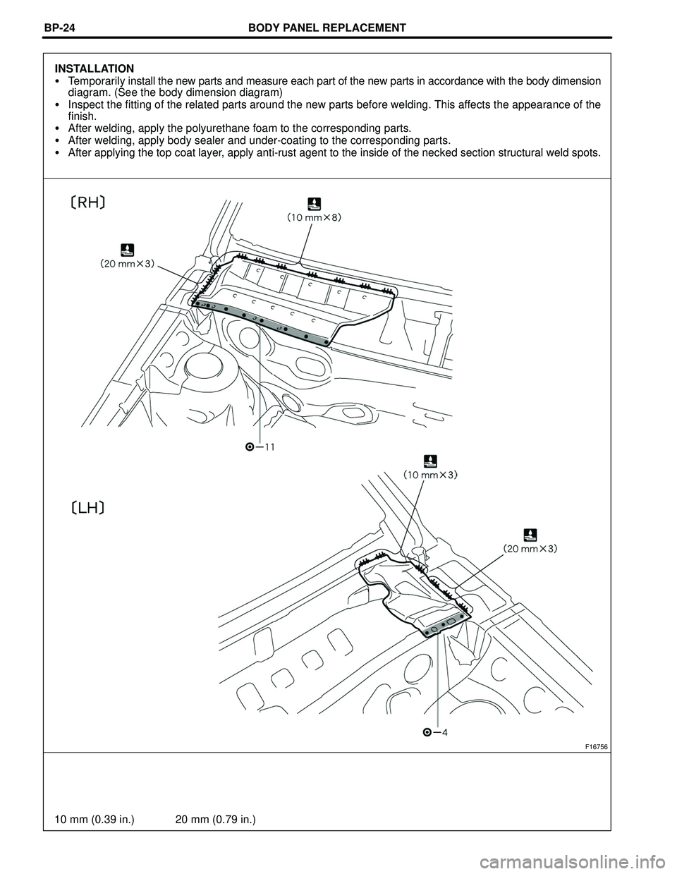TOYOTA HIGHLANDER 2001  Service Repair Manual BODY PANEL REPLACEMENT
F16756
10 mm (0.39 in.) 20 mm (0.79 in.) BP-24
INSTALLATION
Temporarily install the new parts and measure each part of the new parts in accordance with the body dimension
diagr