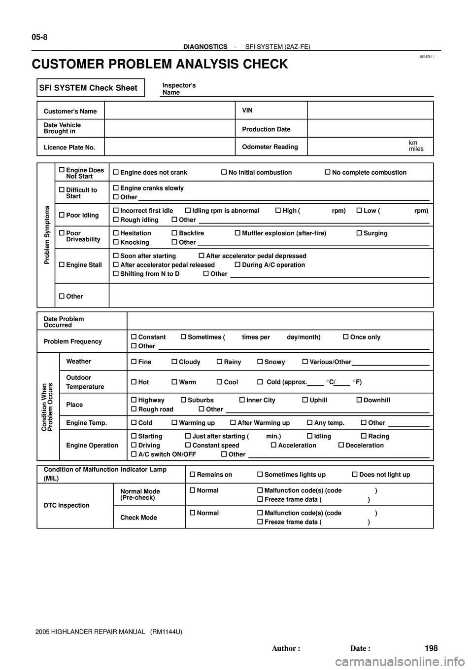TOYOTA HIGHLANDER 2001 Service Repair Manual 051ZG-1 1
SFI SYSTEM Check Sheet
Customers Name
Date Vehicle
Brought in
VIN
Production Date
Licence Plate No.Odometer Reading
km
miles
Problem Symptoms
Engine Does
Not Start
Difficult to
Start
Poor I TOYOTA HIGHLANDER 2001 Service Repair Manual 051ZG-1 1
SFI SYSTEM Check Sheet
Customers Name
Date Vehicle
Brought in
VIN
Production Date
Licence Plate No.Odometer Reading
km
miles
Problem Symptoms
Engine Does
Not Start
Difficult to
Start
Poor I