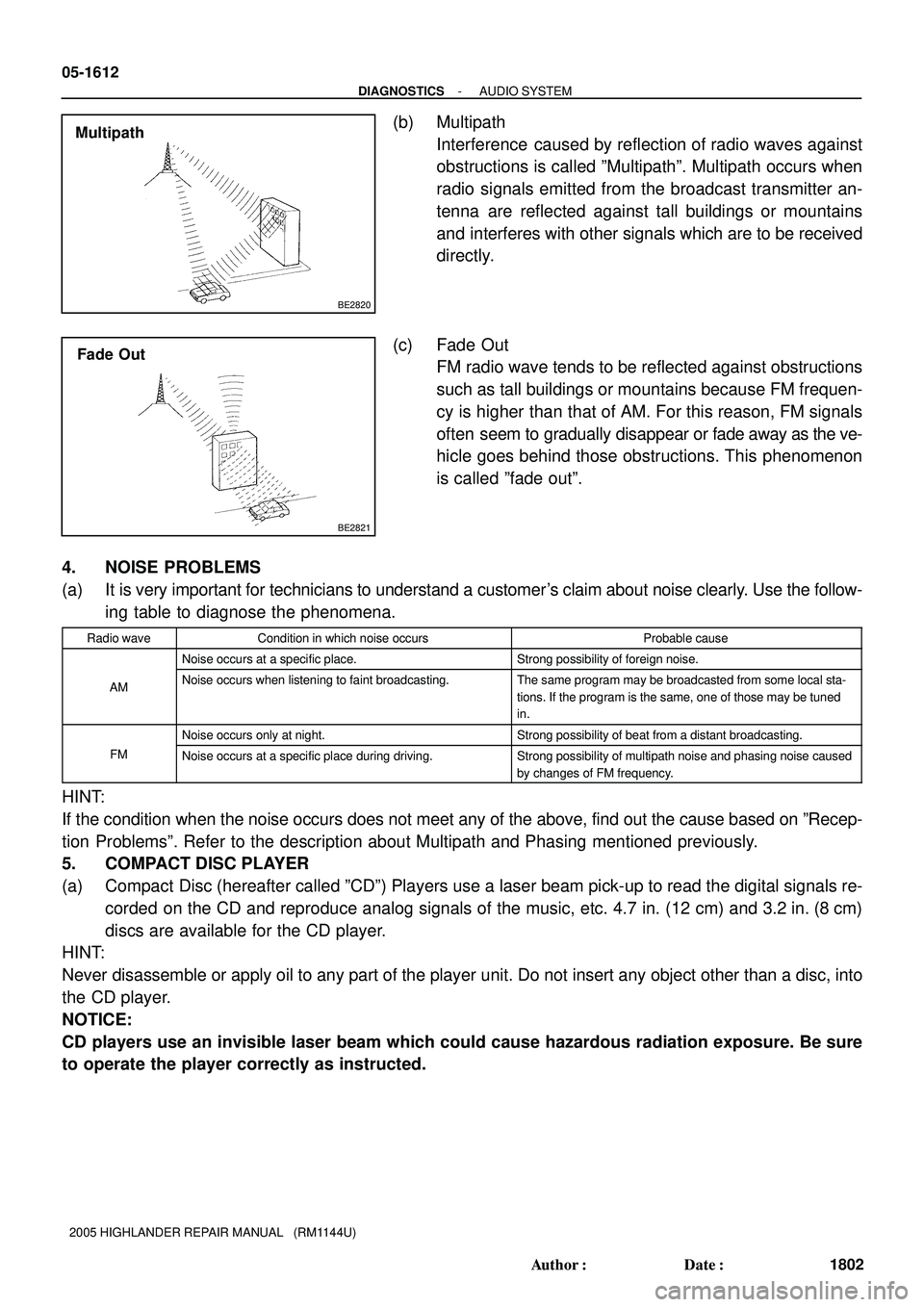 TOYOTA HIGHLANDER 2001 Service Repair Manual BE2820
Multipath
BE2821
Fade Out 05-1612
- DIAGNOSTICSAUDIO SYSTEM
1802 Author: Date:
2005 HIGHLANDER REPAIR MANUAL (RM1144U)
(b) Multipath
Interference caused by reflection of radio waves agains TOYOTA HIGHLANDER 2001 Service Repair Manual BE2820
Multipath
BE2821
Fade Out 05-1612
- DIAGNOSTICSAUDIO SYSTEM
1802 Author: Date:
2005 HIGHLANDER REPAIR MANUAL (RM1144U)
(b) Multipath
Interference caused by reflection of radio waves agains