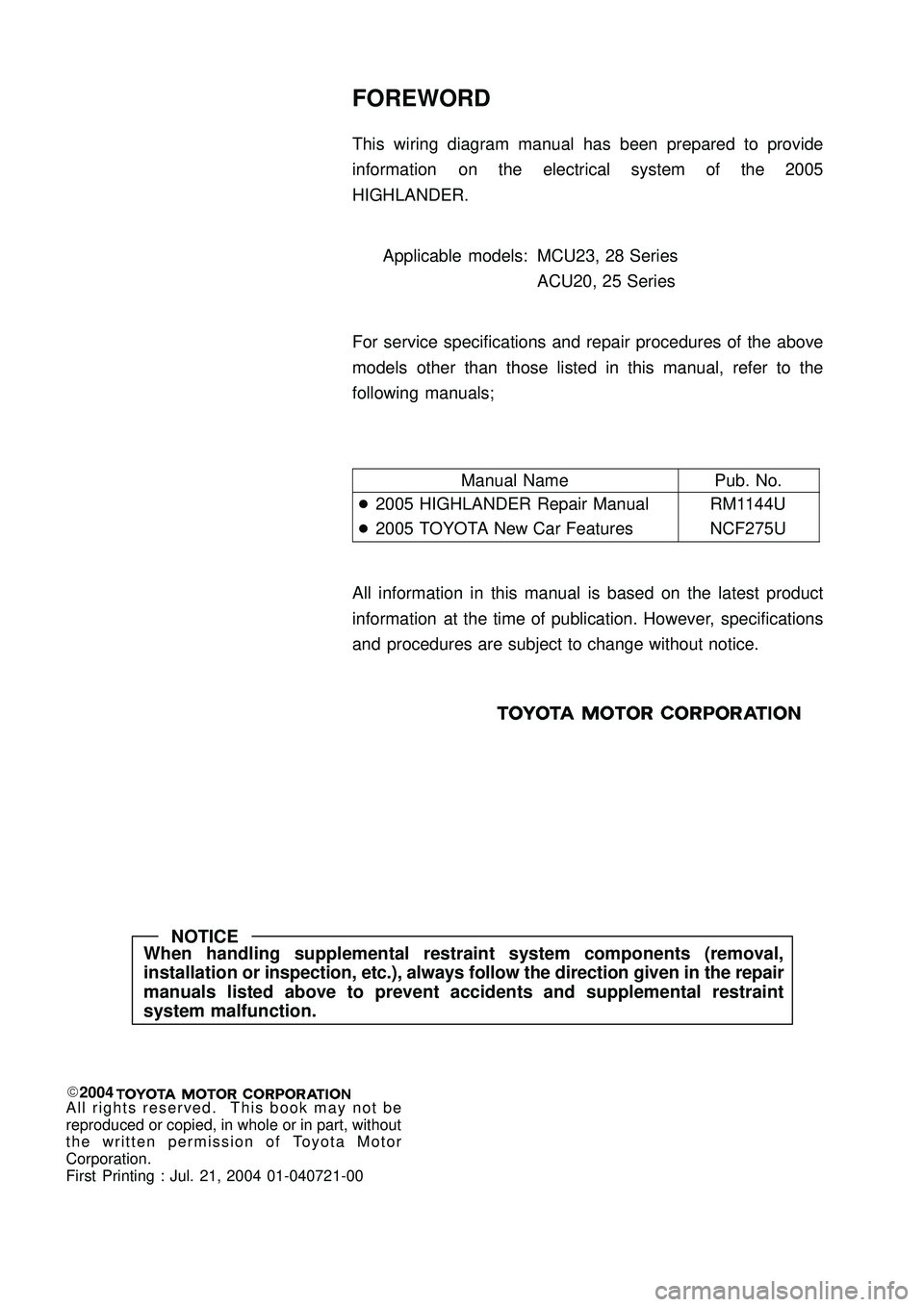 TOYOTA HIGHLANDER 2001 Service Repair Manual NOTICE
When handling supplemental restraint system components (removal,
installation or inspection, etc.), always follow the direction given in the repair
manuals listed above to prevent accidents and TOYOTA HIGHLANDER 2001 Service Repair Manual NOTICE
When handling supplemental restraint system components (removal,
installation or inspection, etc.), always follow the direction given in the repair
manuals listed above to prevent accidents and