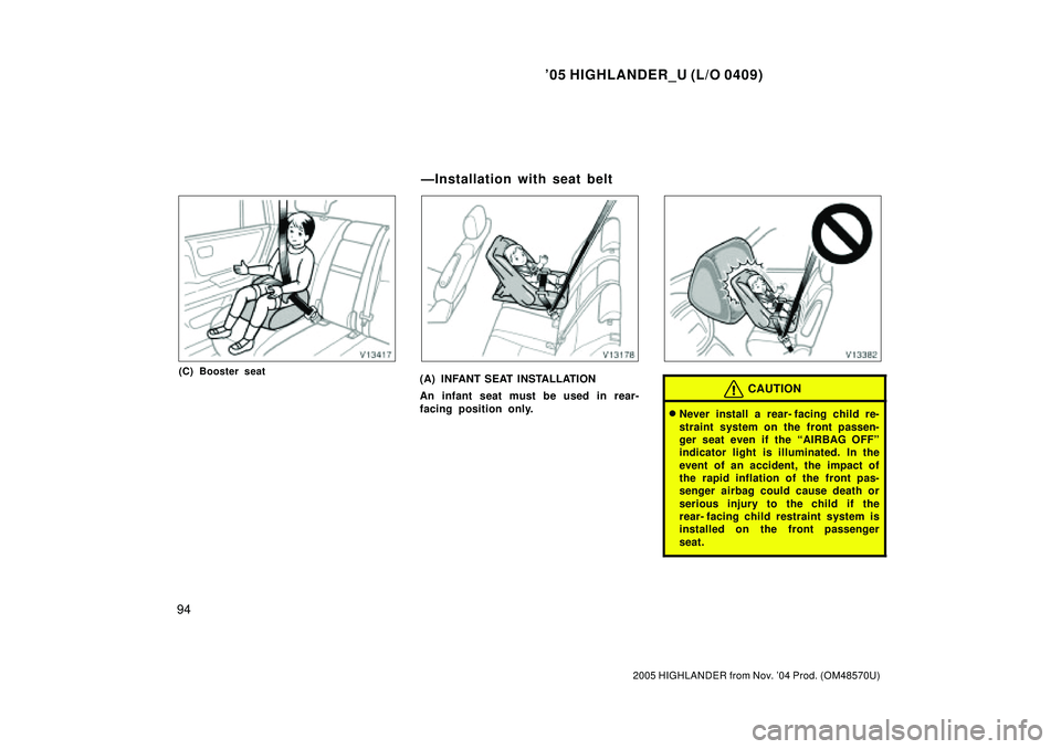 TOYOTA HIGHLANDER 2001  Service Repair Manual 05 HIGHLANDER_U (L/O 0409)
94
2005 HIGHLANDER from Nov. 04 Prod. (OM48570U)
(C) Booster seat(A) INFANT SEAT INSTALLATION
An infant seat must be used in rear-
facing position only.CAUTION
Never inst