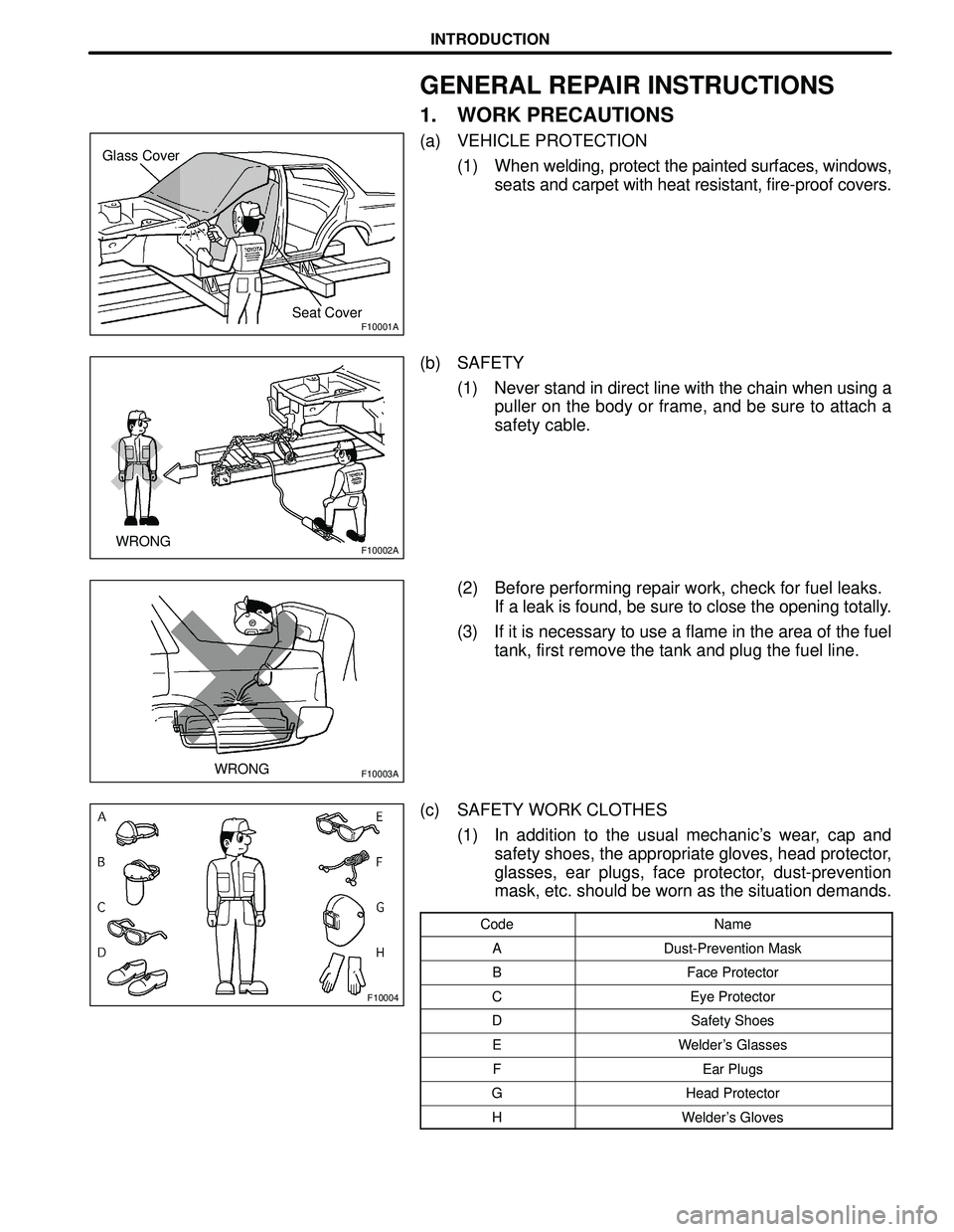 TOYOTA HIGHLANDER 2001 Service Repair Manual F10004
F10001A
F10002A
F10003A
Glass Cover
Seat Cover
WRONG
WRONG
INTRODUCTION
GENERAL REPAIR INSTRUCTIONS
1. WORK PRECAUTIONS
(a) VEHICLE PROTECTION
(1) When welding, protect the painted surfaces, wi TOYOTA HIGHLANDER 2001 Service Repair Manual F10004
F10001A
F10002A
F10003A
Glass Cover
Seat Cover
WRONG
WRONG
INTRODUCTION
GENERAL REPAIR INSTRUCTIONS
1. WORK PRECAUTIONS
(a) VEHICLE PROTECTION
(1) When welding, protect the painted surfaces, wi