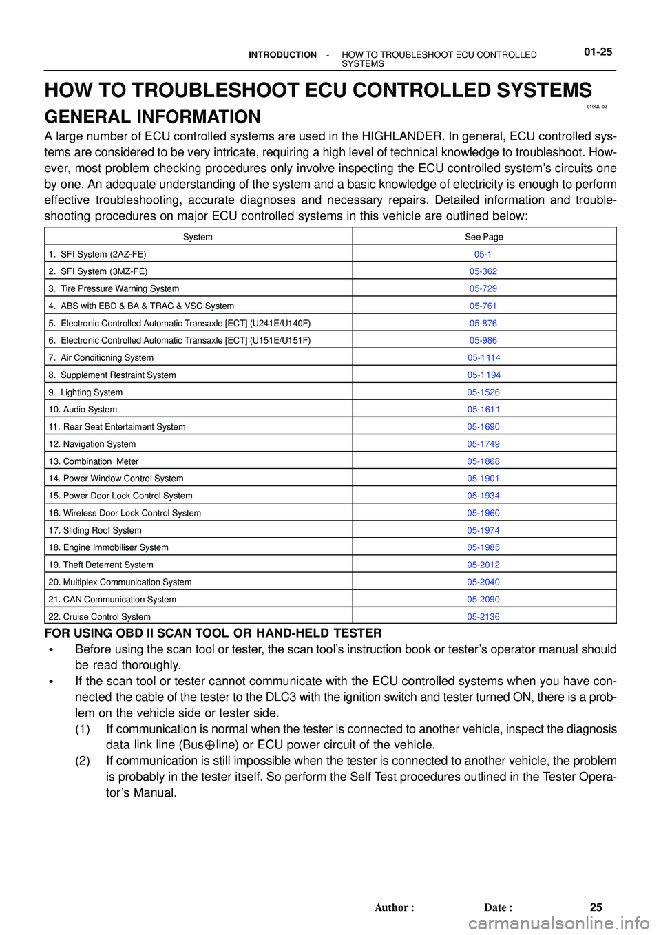 TOYOTA HIGHLANDER 2001 Service Repair Manual 010QL-02
- INTRODUCTIONHOW TO TROUBLESHOOT ECU CONTROLLED
SYSTEMS01-25
25 Author: Date:
HOW TO TROUBLESHOOT ECU CONTROLLED SYSTEMS
GENERAL INFORMATION
A large number of ECU controlled systems are us TOYOTA HIGHLANDER 2001 Service Repair Manual 010QL-02
- INTRODUCTIONHOW TO TROUBLESHOOT ECU CONTROLLED
SYSTEMS01-25
25 Author: Date:
HOW TO TROUBLESHOOT ECU CONTROLLED SYSTEMS
GENERAL INFORMATION
A large number of ECU controlled systems are us