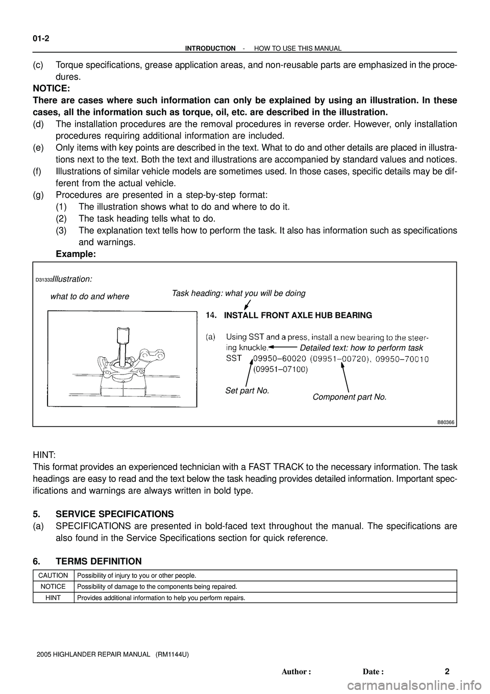 TOYOTA HIGHLANDER 2001 Service Repair Manual Illustration:
what to do and where
Component part No. Detailed text: how to perform task
Task heading: what you will be doing
Set part No.
INSTALL FRONT AXLE HUB BEARING
D31332
B80366
01-2
- INTRODUCT TOYOTA HIGHLANDER 2001 Service Repair Manual Illustration:
what to do and where
Component part No. Detailed text: how to perform task
Task heading: what you will be doing
Set part No.
INSTALL FRONT AXLE HUB BEARING
D31332
B80366
01-2
- INTRODUCT