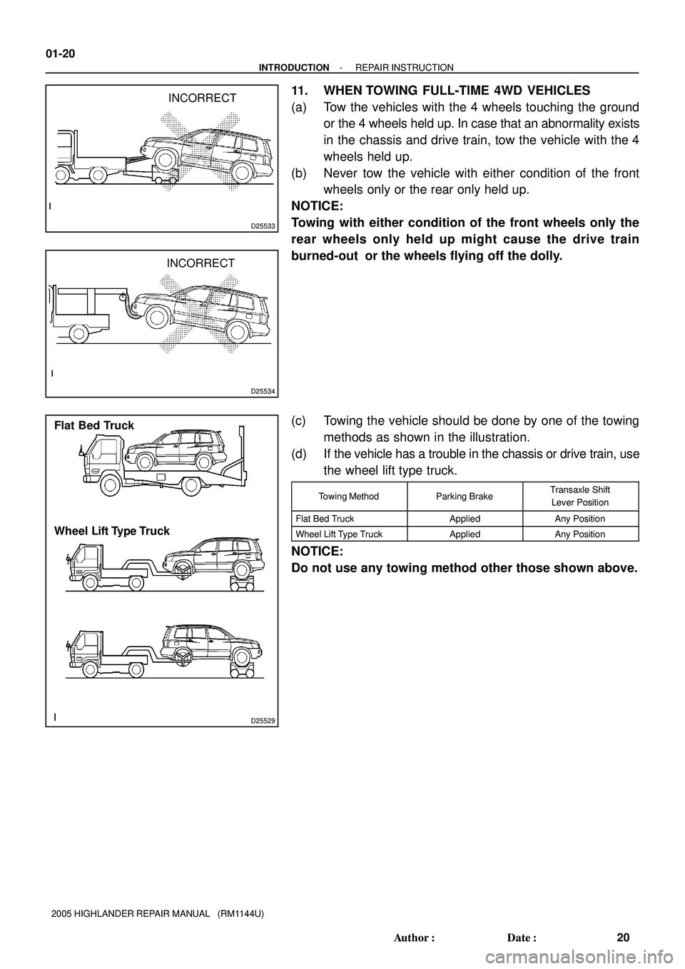TOYOTA HIGHLANDER 2001 Service Repair Manual D25534
INCORRECT
D25533
INCORRECT
D25529
Flat Bed Truck
Wheel Lift Type Truck 01-20
- INTRODUCTIONREPAIR INSTRUCTION
20 Author: Date:
2005 HIGHLANDER REPAIR MANUAL (RM1144U)
11. WHEN TOWING FULL-T TOYOTA HIGHLANDER 2001 Service Repair Manual D25534
INCORRECT
D25533
INCORRECT
D25529
Flat Bed Truck
Wheel Lift Type Truck 01-20
- INTRODUCTIONREPAIR INSTRUCTION
20 Author: Date:
2005 HIGHLANDER REPAIR MANUAL (RM1144U)
11. WHEN TOWING FULL-T
