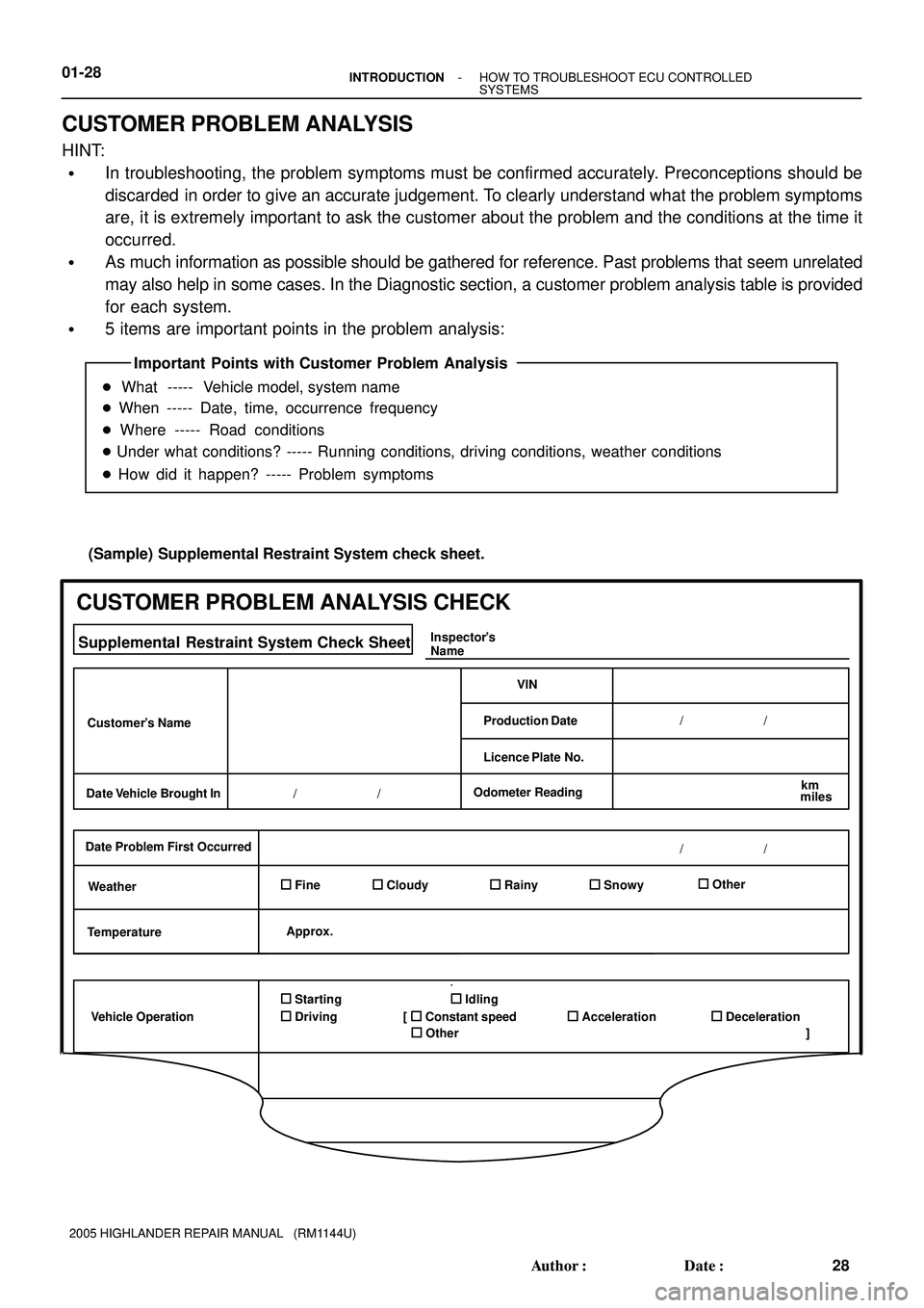 TOYOTA HIGHLANDER 2001 Service Repair Manual Important Points with Customer Problem Analysis
What ----- Vehicle model, system name
When ----- Date, time, occurrence frequency
Where ----- Road conditions
Under what conditions? ----- Runni TOYOTA HIGHLANDER 2001 Service Repair Manual Important Points with Customer Problem Analysis
What ----- Vehicle model, system name
When ----- Date, time, occurrence frequency
Where ----- Road conditions
Under what conditions? ----- Runni