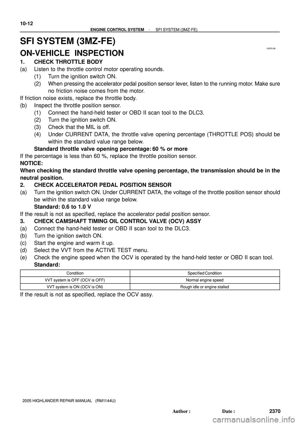 TOYOTA HIGHLANDER 2001 Service Repair Manual 100FS-06
10-12
- ENGINE CONTROL SYSTEMSFI SYSTEM (3MZ-FE)
2370 Author: Date:
2005 HIGHLANDER REPAIR MANUAL (RM1144U)
SFI SYSTEM (3MZ-FE)
ON-VEHICLE INSPECTION
1. CHECK THROTTLE BODY
(a) Listen to TOYOTA HIGHLANDER 2001 Service Repair Manual 100FS-06
10-12
- ENGINE CONTROL SYSTEMSFI SYSTEM (3MZ-FE)
2370 Author: Date:
2005 HIGHLANDER REPAIR MANUAL (RM1144U)
SFI SYSTEM (3MZ-FE)
ON-VEHICLE INSPECTION
1. CHECK THROTTLE BODY
(a) Listen to