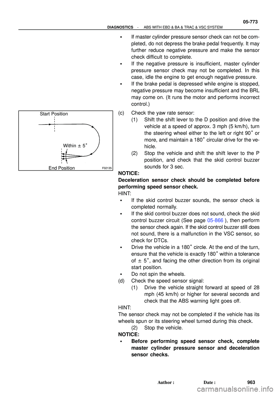 TOYOTA HIGHLANDER 2001  Service Repair Manual F02135
Start Position
End PositionWithin ± 5°
- DIAGNOSTICSABS WITH EBD & BA & TRAC & VSC SYSTEM
05-773
963 Author: Date: 
If master cylinder pressure sensor check can not be com-
pleted,  do not