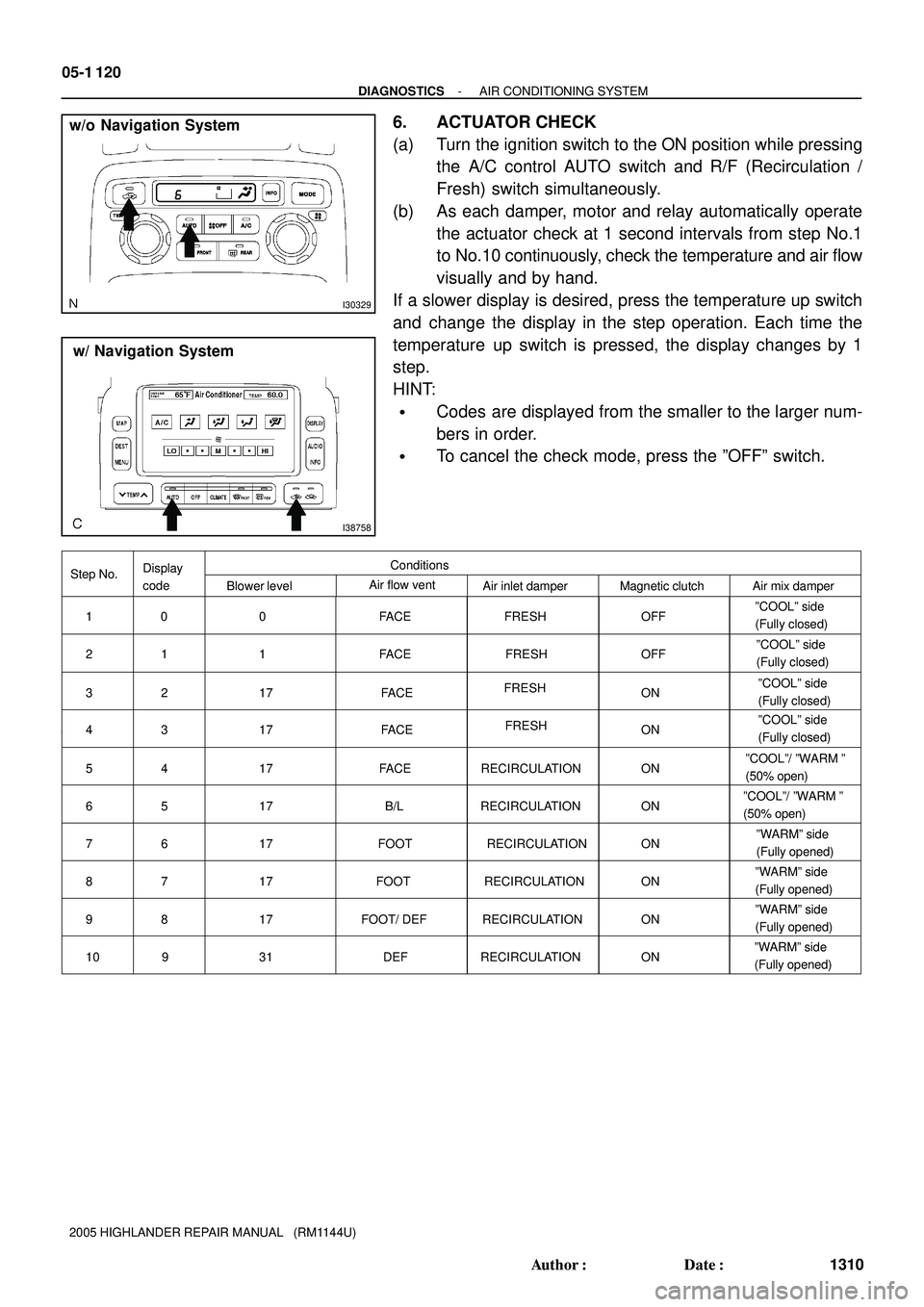 TOYOTA HIGHLANDER 2001 Service Repair Manual I30329
w/o Navigation System
I38758
w/ Navigation System
Blower level Step No.Display
codeConditions
Air flow vent
Air inlet damper Magnetic clutch
ºCOOLº side
(Fully closed) Air mix damper
OFF FRE TOYOTA HIGHLANDER 2001 Service Repair Manual I30329
w/o Navigation System
I38758
w/ Navigation System
Blower level Step No.Display
codeConditions
Air flow vent
Air inlet damper Magnetic clutch
ºCOOLº side
(Fully closed) Air mix damper
OFF FRE