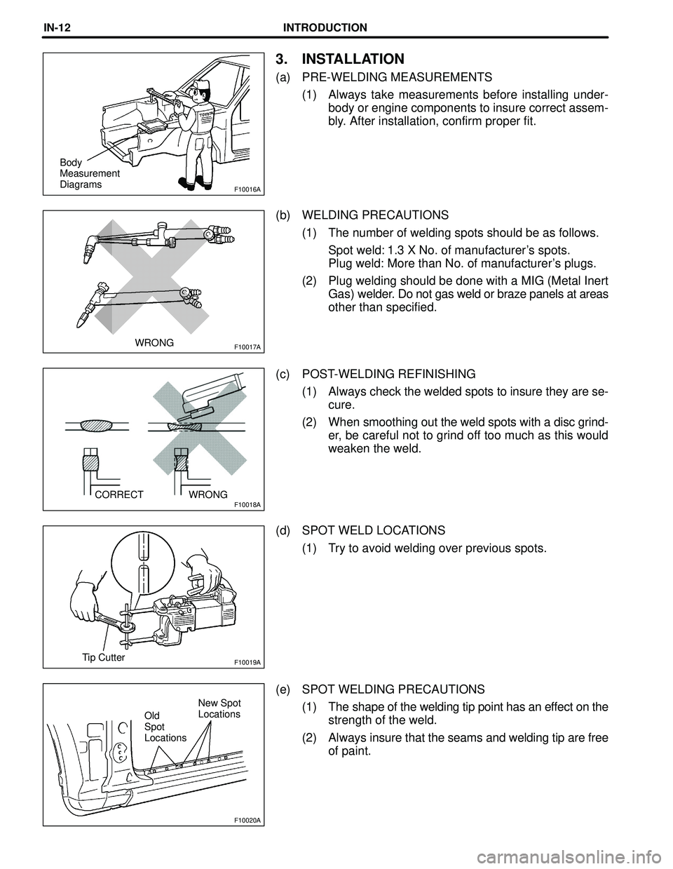 TOYOTA HIGHLANDER 2001 Service Repair Manual F10016A
F10017A
F10018A
F10019A
F10020A
Body
Measurement
Diagrams
WRONG
CORRECT WRONG
Tip Cutter
Old
Spot
LocationsNew Spot
Locations
INTRODUCTIONIN-12
3. INSTALLATION
(a) PRE-WELDING MEASUREMENT TOYOTA HIGHLANDER 2001 Service Repair Manual F10016A
F10017A
F10018A
F10019A
F10020A
Body
Measurement
Diagrams
WRONG
CORRECT WRONG
Tip Cutter
Old
Spot
LocationsNew Spot
Locations
INTRODUCTIONIN-12
3. INSTALLATION
(a) PRE-WELDING MEASUREMENT