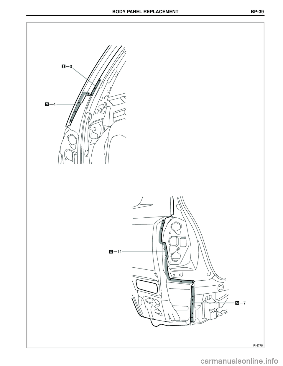 TOYOTA HIGHLANDER 2001  Service Repair Manual BODY PANEL REPLACEMENT
F16775
BP-39 