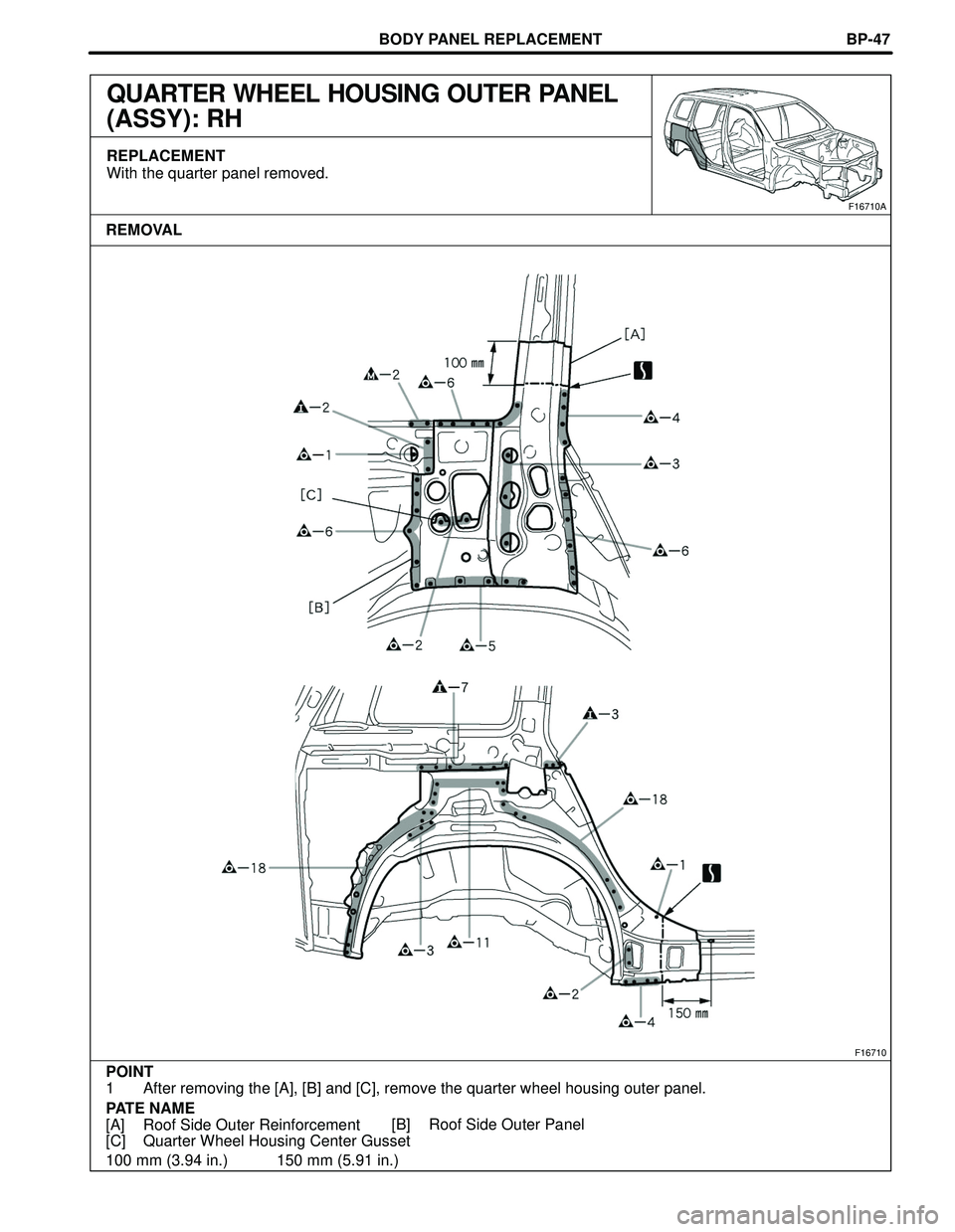 TOYOTA HIGHLANDER 2001  Service Repair Manual BODY PANEL REPLACEMENT
F16710
POINT
1 After removing the [A], [B] and [C], remove the quarter wheel housing outer panel.
PATE NAME
[A] Roof Side Outer Reinforcement
[C] Quarter Wheel Housing Center Gu
