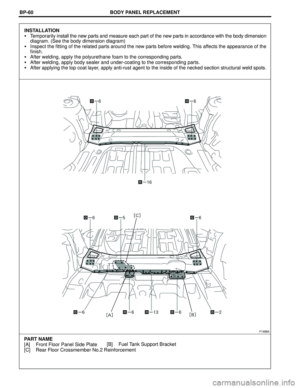 TOYOTA HIGHLANDER 2001  Service Repair Manual F14884
PART NAME
[A] Front Floor Panel Side Plate
[C] Rear Floor Crossmember No.2 Reinforcement[B] Fuel Tank Support BracketBODY PANEL REPLACEMENT
BP-60
INSTALLATION
Temporarily install the new parts