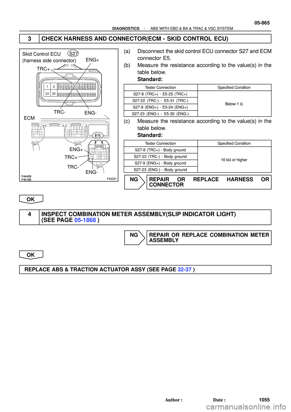 TOYOTA HIGHLANDER 2001 Service Repair Manual F45165F44428F45165F44428F45351
ENG-
ENG+ENG-ENG+
Skid Control ECU
(harness side connector)
ECM
TRC+
TRC-
TRC+
TRC-S27
E5
- DIAGNOSTICSABS WITH EBD & BA & TRAC & VSC SYSTEM
05-865
1055 Author: Date: TOYOTA HIGHLANDER 2001 Service Repair Manual F45165F44428F45165F44428F45351
ENG-
ENG+ENG-ENG+
Skid Control ECU
(harness side connector)
ECM
TRC+
TRC-
TRC+
TRC-S27
E5
- DIAGNOSTICSABS WITH EBD & BA & TRAC & VSC SYSTEM
05-865
1055 Author: Date: