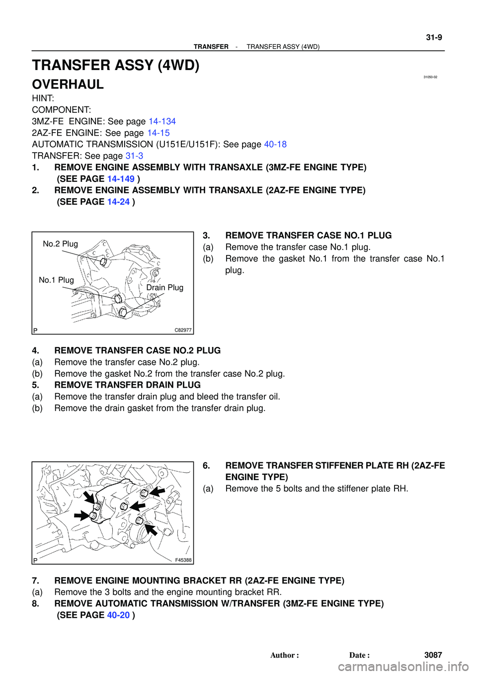 TOYOTA HIGHLANDER 2001 Service Repair Manual 31050-02
C82977
No.2 Plug
No.1 Plug
Drain Plug
F45388
- TRANSFERTRANSFER ASSY (4WD)
31-9
3087 Author: Date:
TRANSFER ASSY (4WD)
OVERHAUL
HINT:
COMPONENT:
3MZ-FE ENGINE: See page 14-134
2AZ-FE ENGIN TOYOTA HIGHLANDER 2001 Service Repair Manual 31050-02
C82977
No.2 Plug
No.1 Plug
Drain Plug
F45388
- TRANSFERTRANSFER ASSY (4WD)
31-9
3087 Author: Date:
TRANSFER ASSY (4WD)
OVERHAUL
HINT:
COMPONENT:
3MZ-FE ENGINE: See page 14-134
2AZ-FE ENGIN