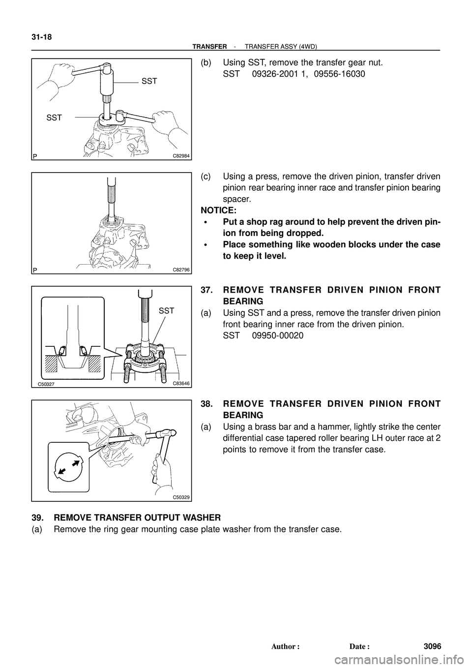 TOYOTA HIGHLANDER 2001  Service Repair Manual C82984
SST
SST
C82796
C50327C83646
SST
C50329
31-18
- TRANSFERTRANSFER ASSY (4WD)
3096 Author: Date:
(b) Using SST, remove the transfer gear nut.
SST 09326-2001 1, 09556-16030
(c) Using a press, rem