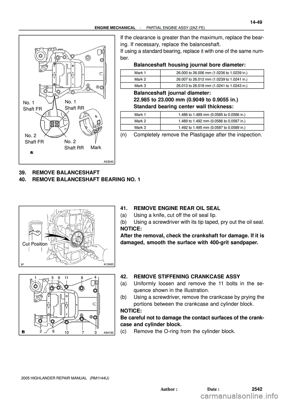 TOYOTA HIGHLANDER 2001 Service Repair Manual No. 1
Shaft FR
Mark No. 2
Shaft FRNo. 2
Shaft RRNo. 1
Shaft RR
A53040
Cut Position
A13493
A94192
1
105984
26
73
11
- ENGINE MECHANICALPARTIAL ENGINE ASSY (2AZ-FE)
14-49
2542 Author: Date:
2005 HIGHL TOYOTA HIGHLANDER 2001 Service Repair Manual No. 1
Shaft FR
Mark No. 2
Shaft FRNo. 2
Shaft RRNo. 1
Shaft RR
A53040
Cut Position
A13493
A94192
1
105984
26
73
11
- ENGINE MECHANICALPARTIAL ENGINE ASSY (2AZ-FE)
14-49
2542 Author: Date:
2005 HIGHL