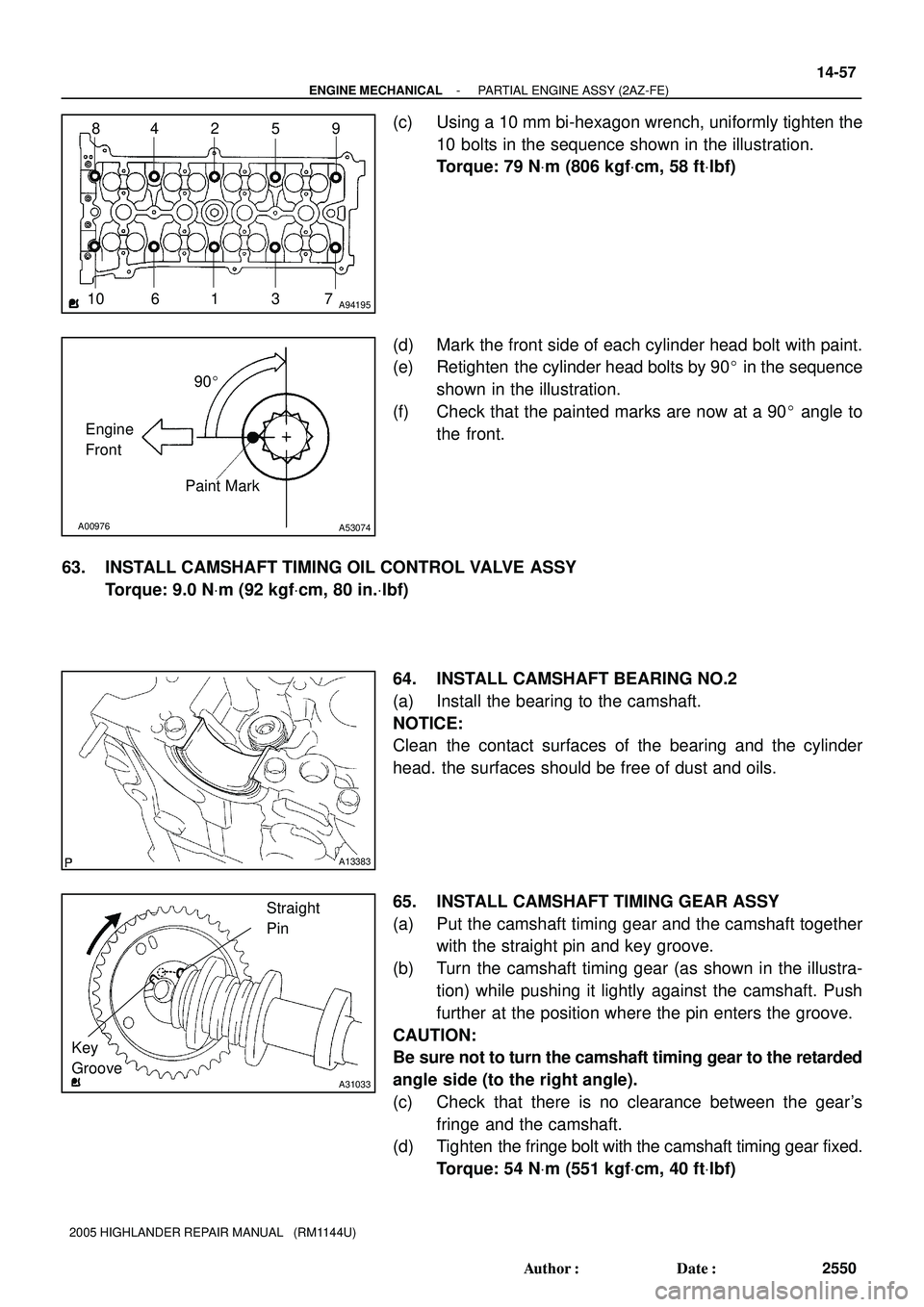 TOYOTA HIGHLANDER 2001 Service Repair Manual A941951 6 10 3 79 5 2 4 8
A00976
90
Engine
Front
Paint Mark
A53074
A13383
Straight
Pin
Key
Groove
A31033
- ENGINE MECHANICALPARTIAL ENGINE ASSY (2AZ-FE)
14-57
2550 Author: Date:
2005 HIGHLANDER REP TOYOTA HIGHLANDER 2001 Service Repair Manual A941951 6 10 3 79 5 2 4 8
A00976
90
Engine
Front
Paint Mark
A53074
A13383
Straight
Pin
Key
Groove
A31033
- ENGINE MECHANICALPARTIAL ENGINE ASSY (2AZ-FE)
14-57
2550 Author: Date:
2005 HIGHLANDER REP