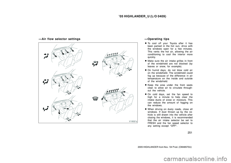 TOYOTA HIGHLANDER 2001 Service Repair Manual 05 HIGHLANDER_U (L/O 0409)
251
2005 HIGHLANDER from Nov. 04 Prod. (OM48570U)
To cool off your Toyota after it has
been parked in the hot sun, drive with
the windows open for a few minutes.
This ven TOYOTA HIGHLANDER 2001 Service Repair Manual 05 HIGHLANDER_U (L/O 0409)
251
2005 HIGHLANDER from Nov. 04 Prod. (OM48570U)
To cool off your Toyota after it has
been parked in the hot sun, drive with
the windows open for a few minutes.
This ven