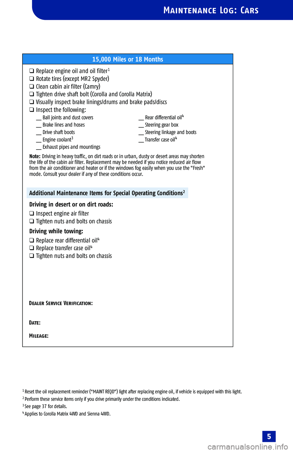TOYOTA HIGHLANDER 2001  Service Repair Manual 
1 Reset the oil replacement reminder (“MAINT REQD”) light after replacing engine oil, if vehicle is equipped with this light.2 Perform these service items only if you drive primarily under the co